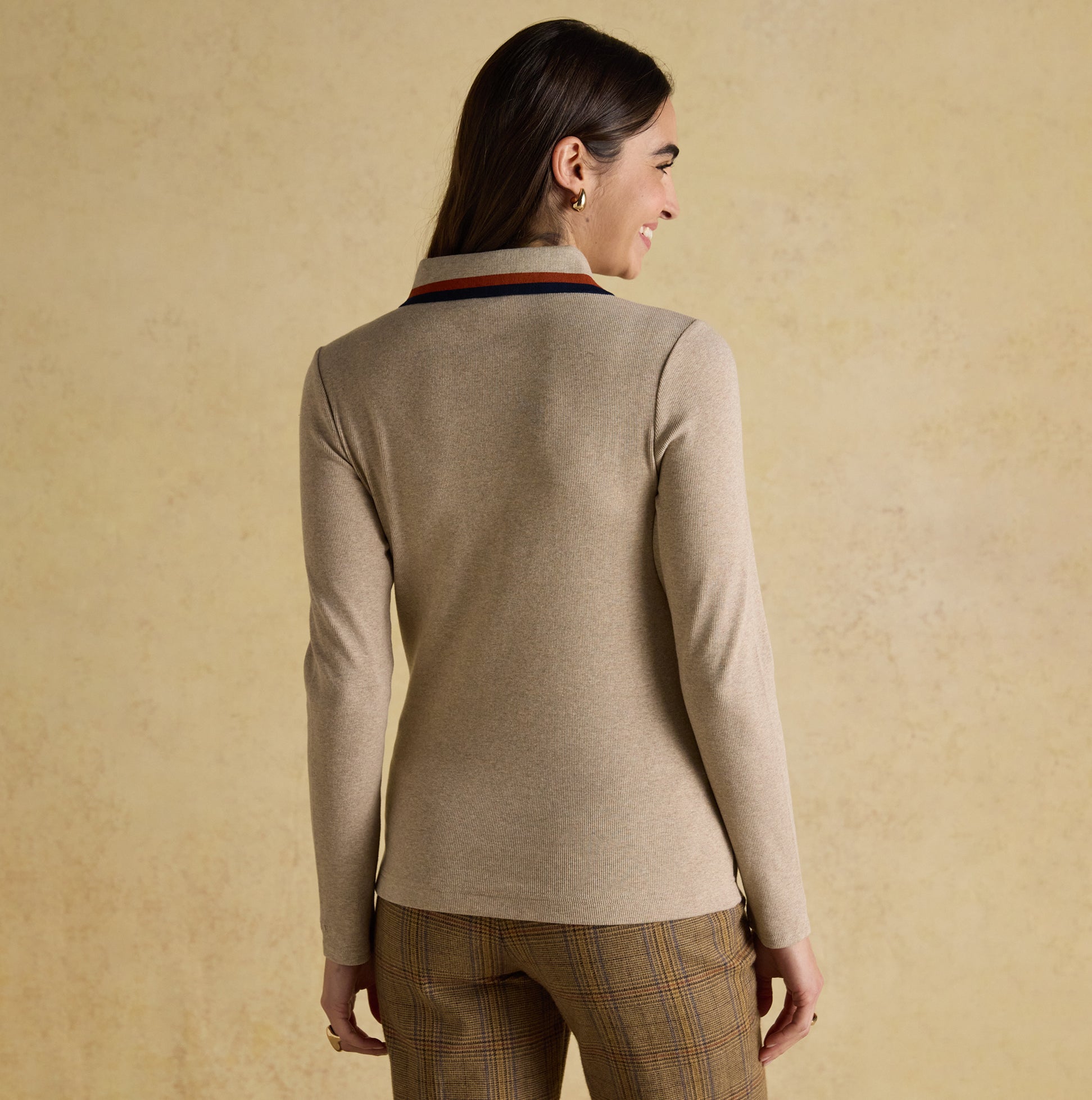 Joules FAIRFIELD JONTY Womens Polo Shirt Neutral back view showcasing the collar design and long sleeves.
