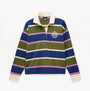 Joules LARA SLUB Womens Rugby Shirt Green front view with bold stripes in blue, green, pink, and cream colors.