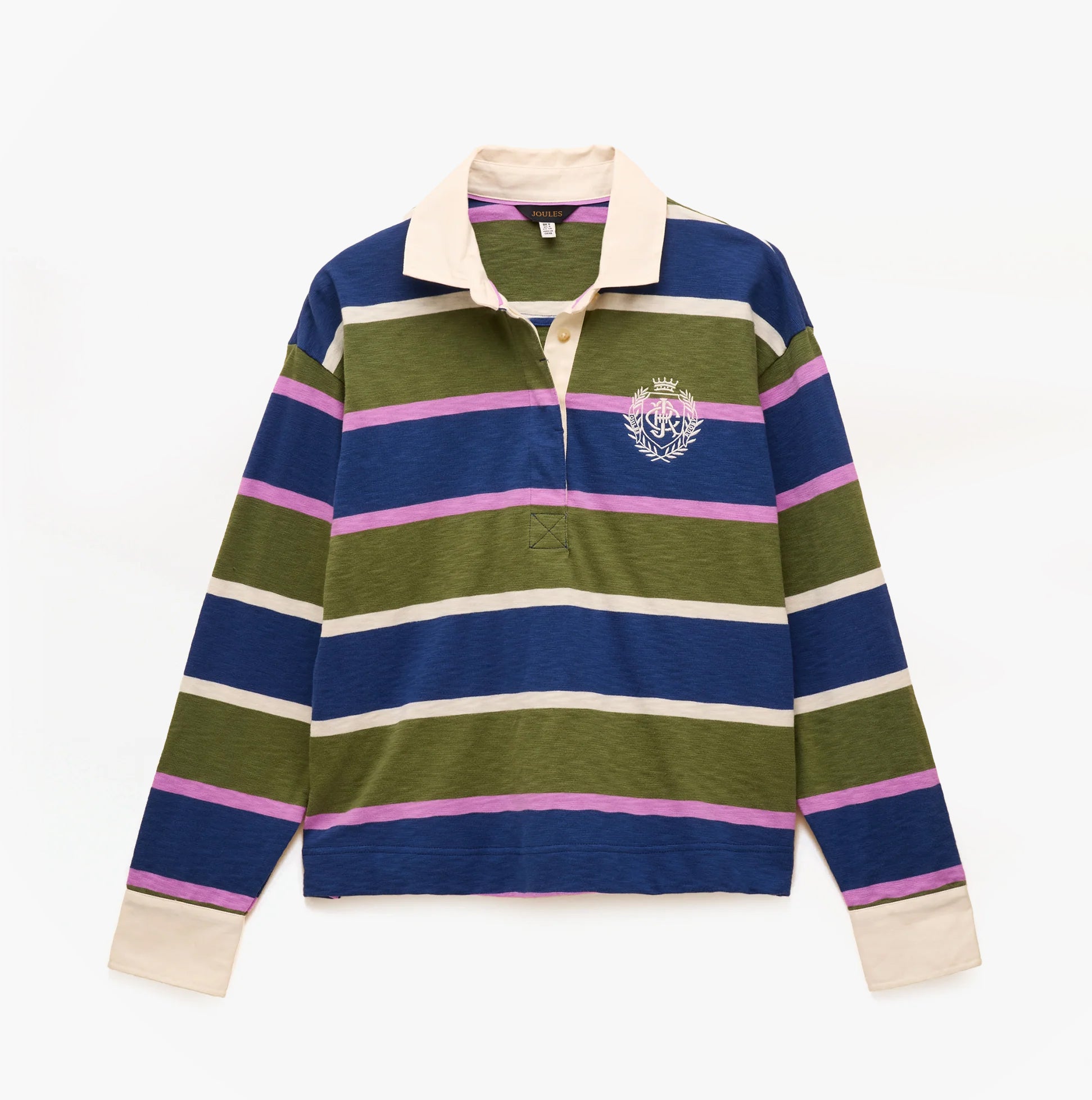 Joules LARA SLUB Womens Rugby Shirt Green front view with bold stripes in blue, green, pink, and cream colors.
