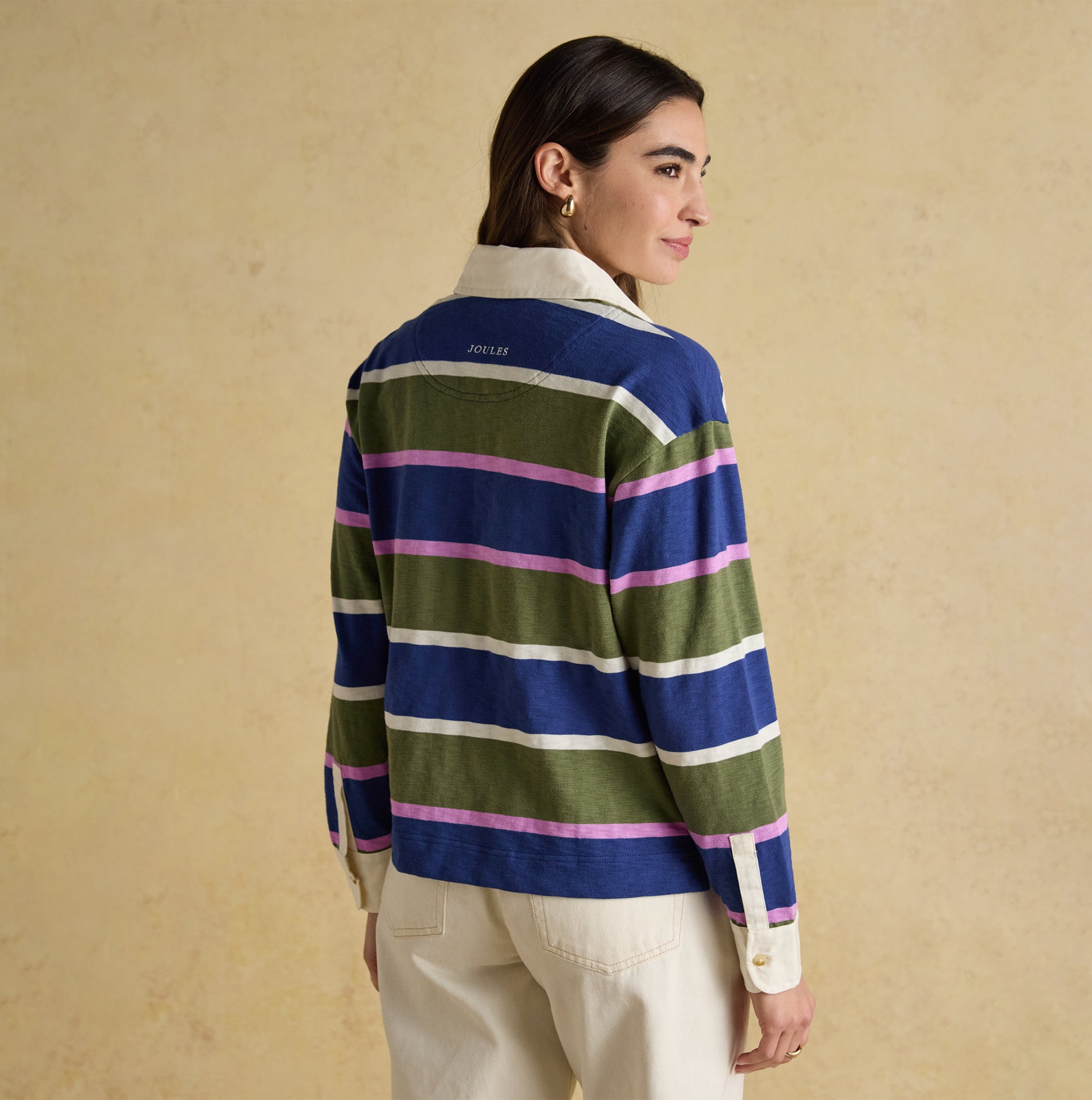 Joules LARA SLUB Womens Rugby Shirt Green back view with multicolored stripes and relaxed fit.