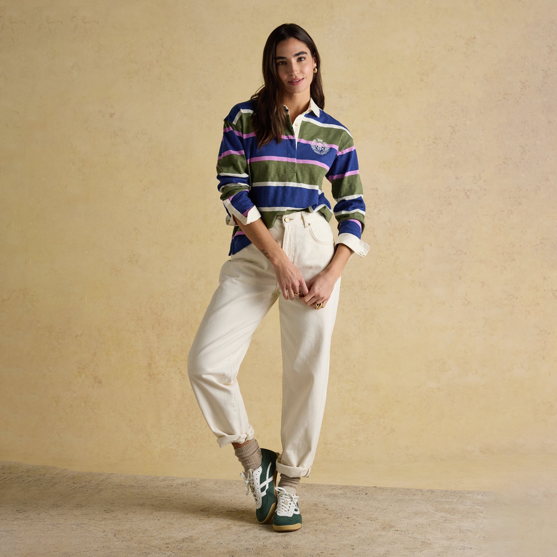 Joules LARA SLUB Womens Rugby Shirt Green front view on model, relaxed fit, long sleeves, cotton material.