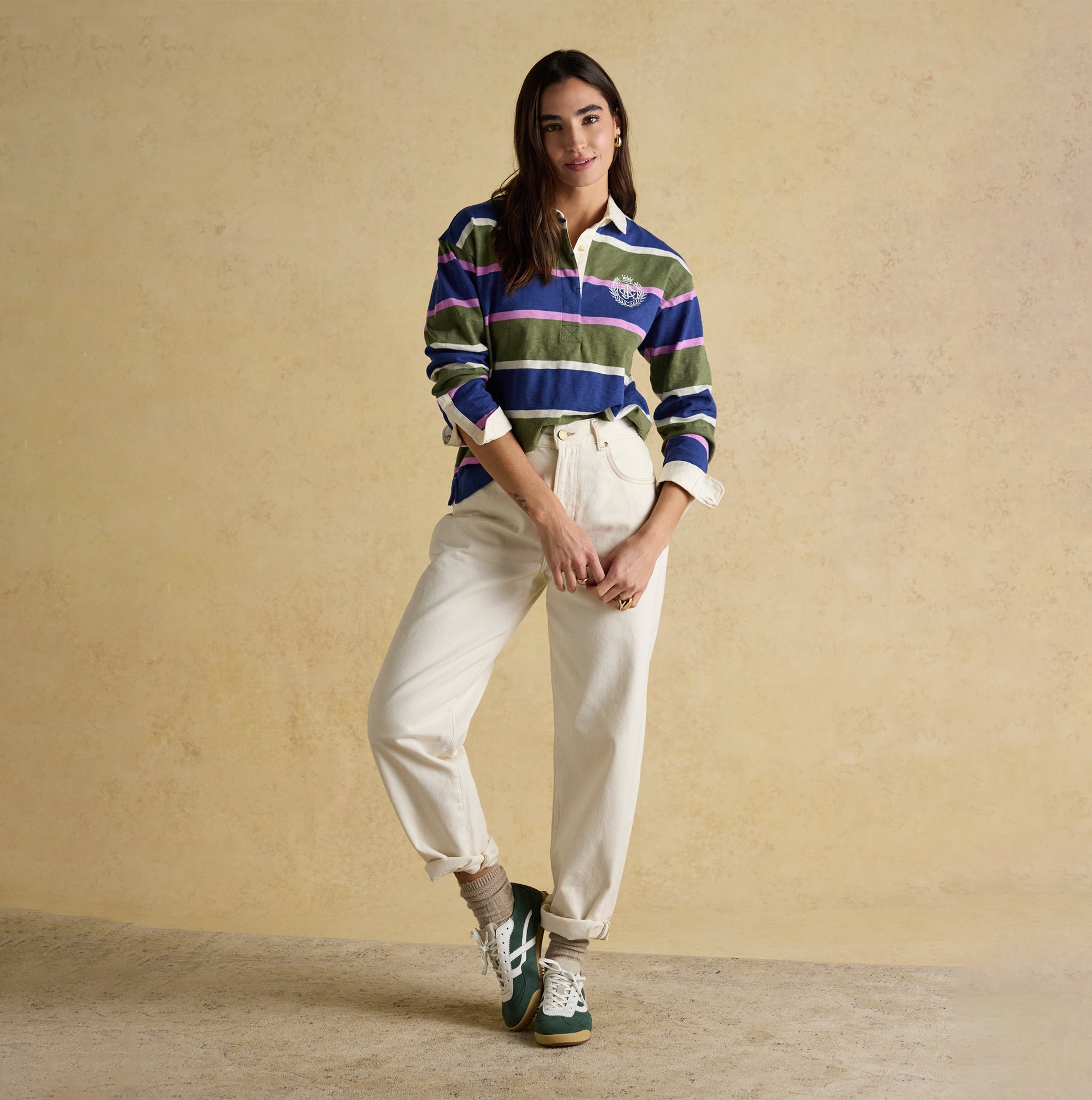 Joules LARA SLUB Womens Rugby Shirt Green front view on model, relaxed fit, long sleeves, cotton material.