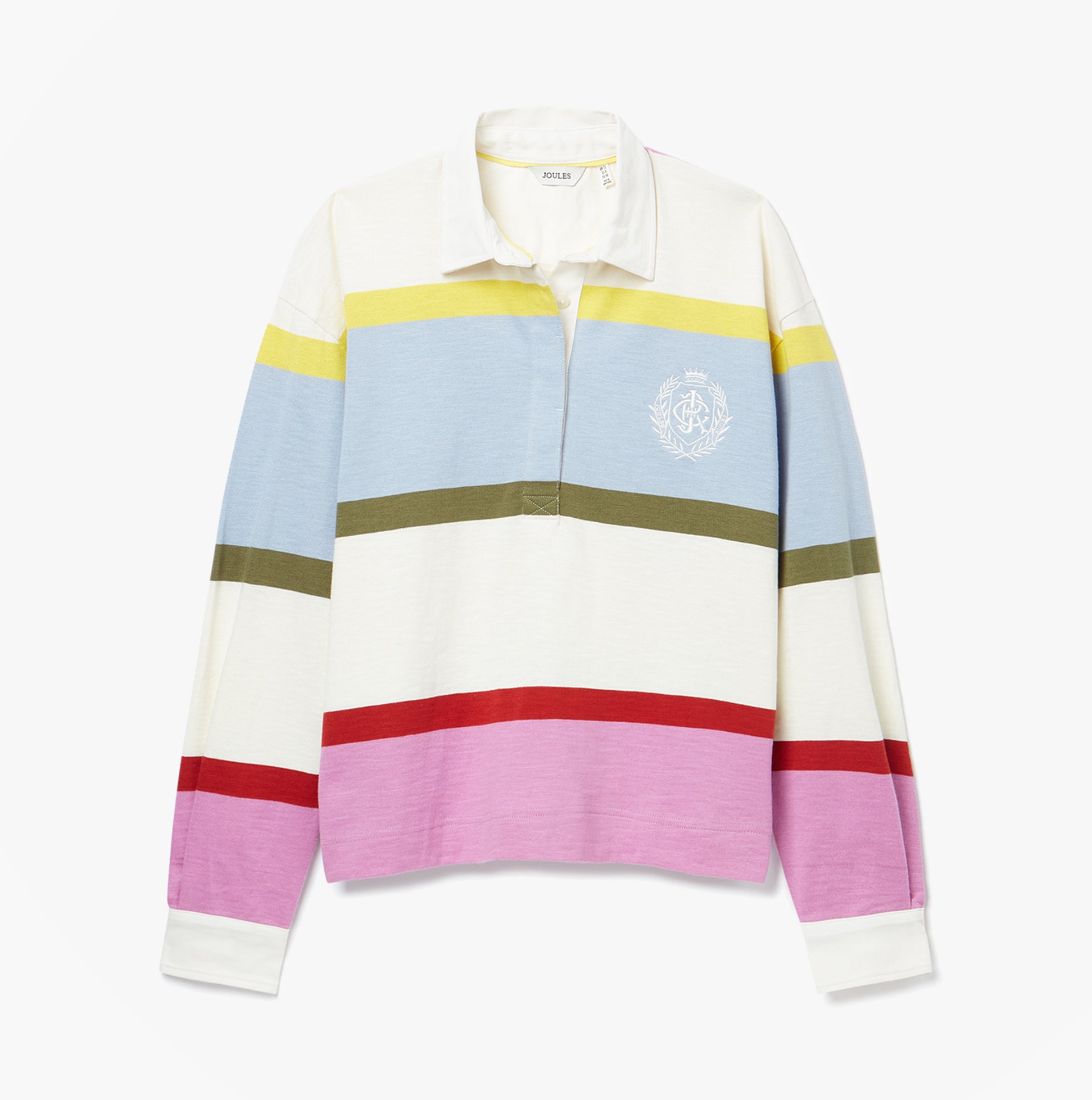Joules LARA SLUB Womens Rugby Shirt Multi front view with pastel striped design and logo.
