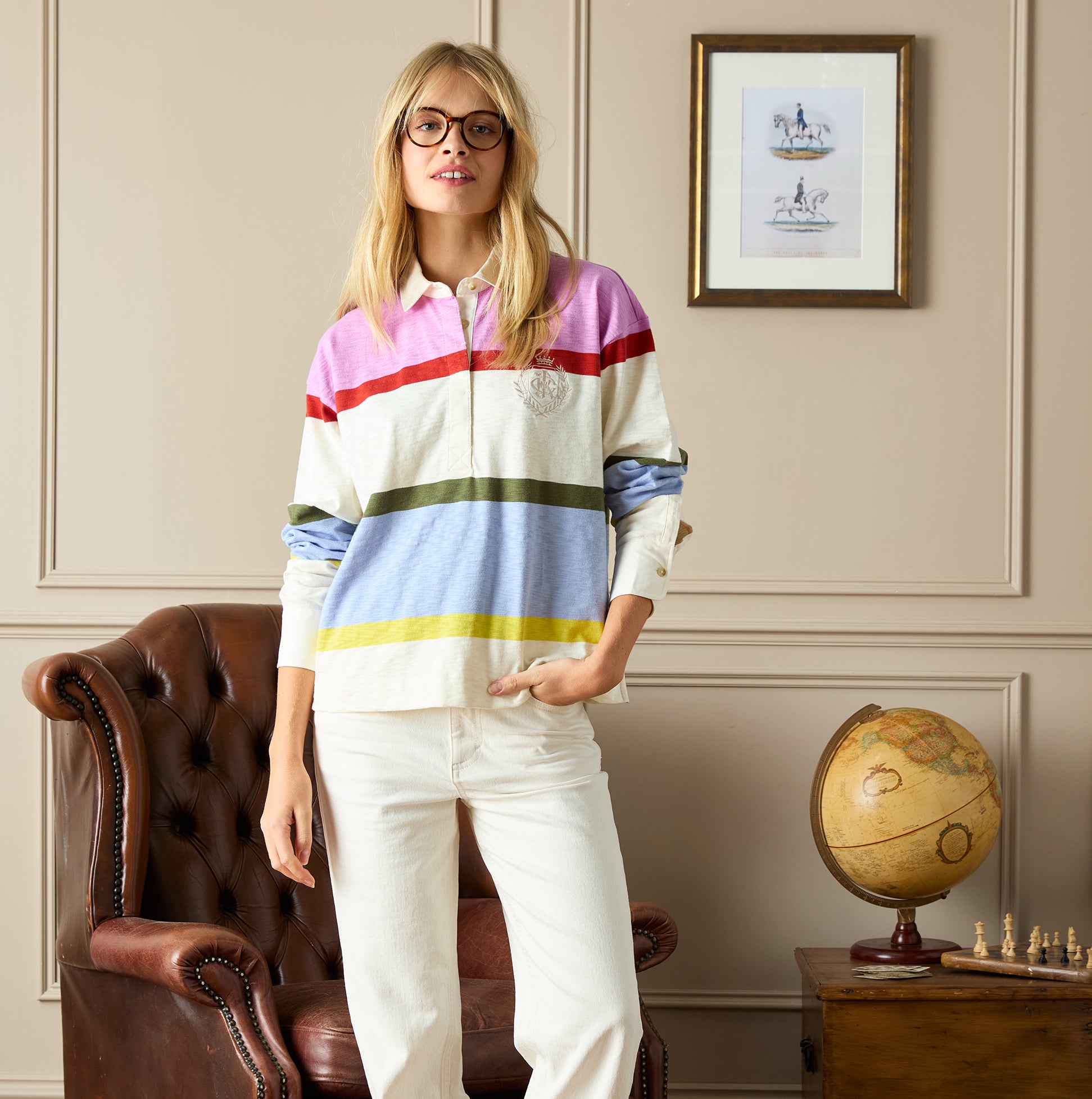 Joules LARA SLUB Womens Rugby Shirt Multi front view featuring stripes in pink, green, and blue.