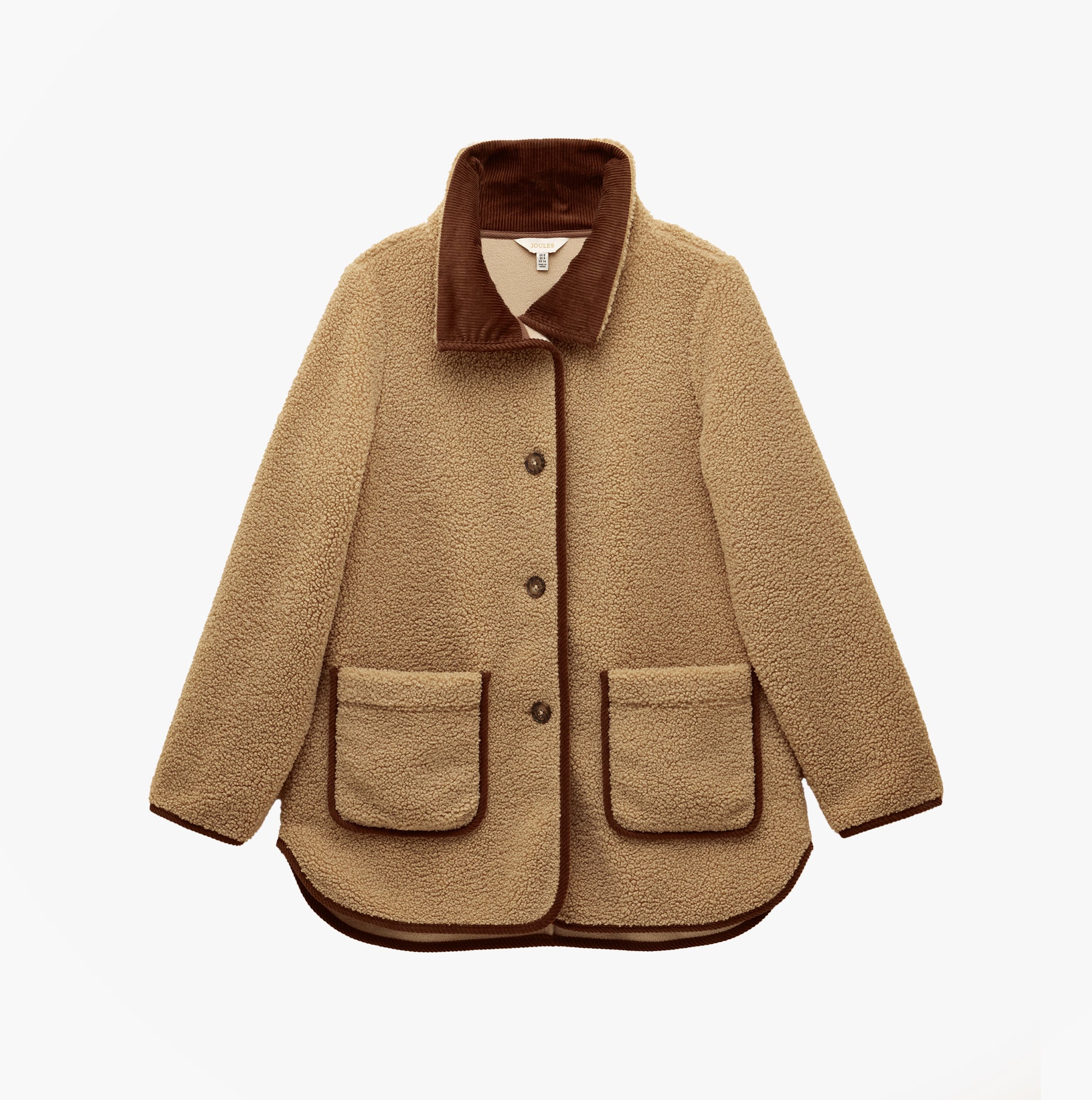 Joules SADIE LONGLINE Womens Longline Fleece Jacket Neutral front view with buttons and pockets.
