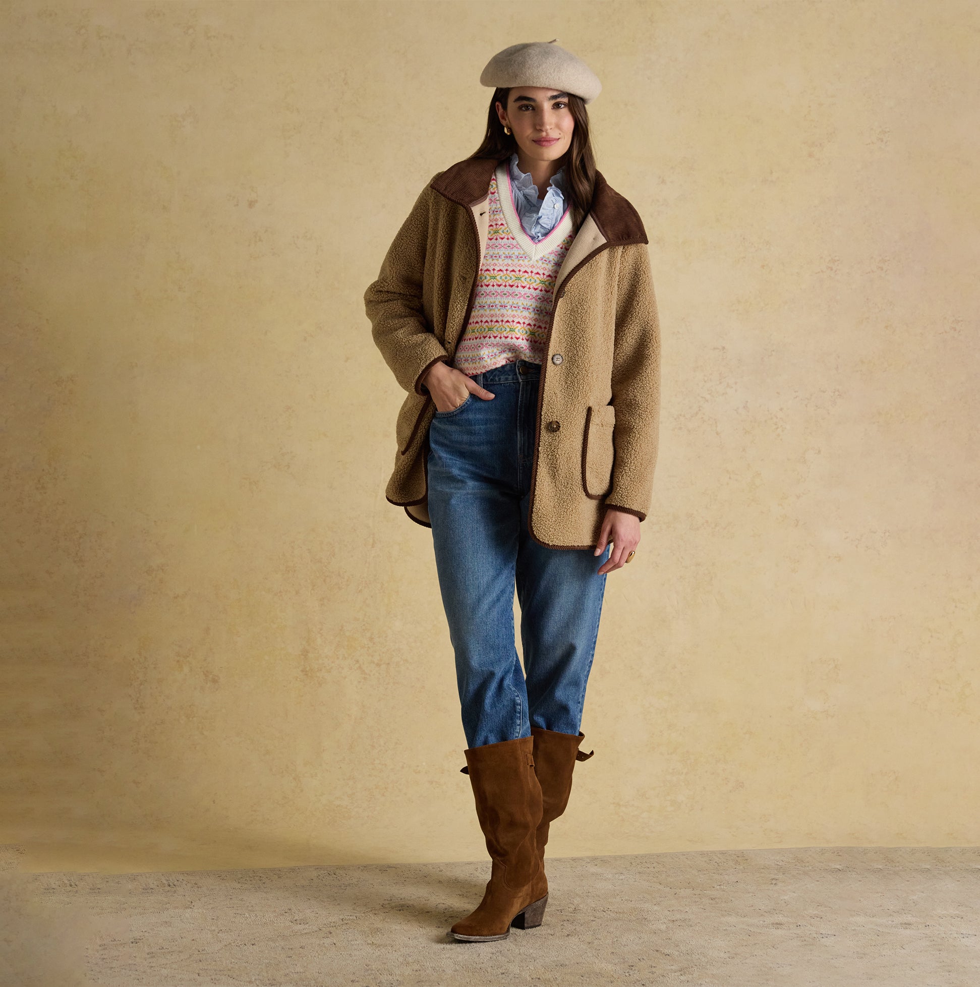 Joules SADIE LONGLINE Womens Longline Fleece Jacket Neutral front view, styled with casual outfit and accessories.