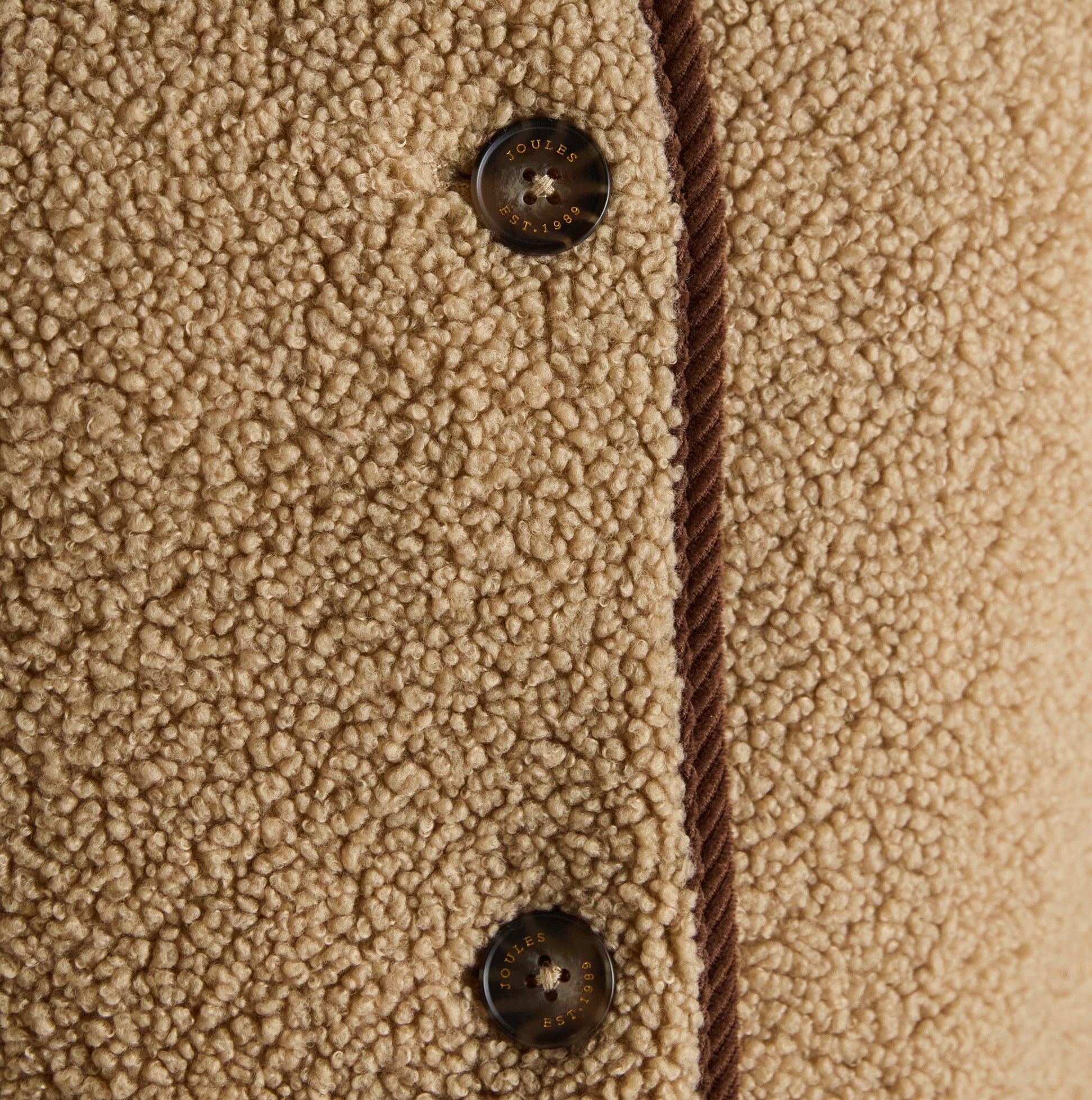 Joules SADIE LONGLINE Womens Longline Fleece Jacket Neutral detail view of buttons and fabric texture