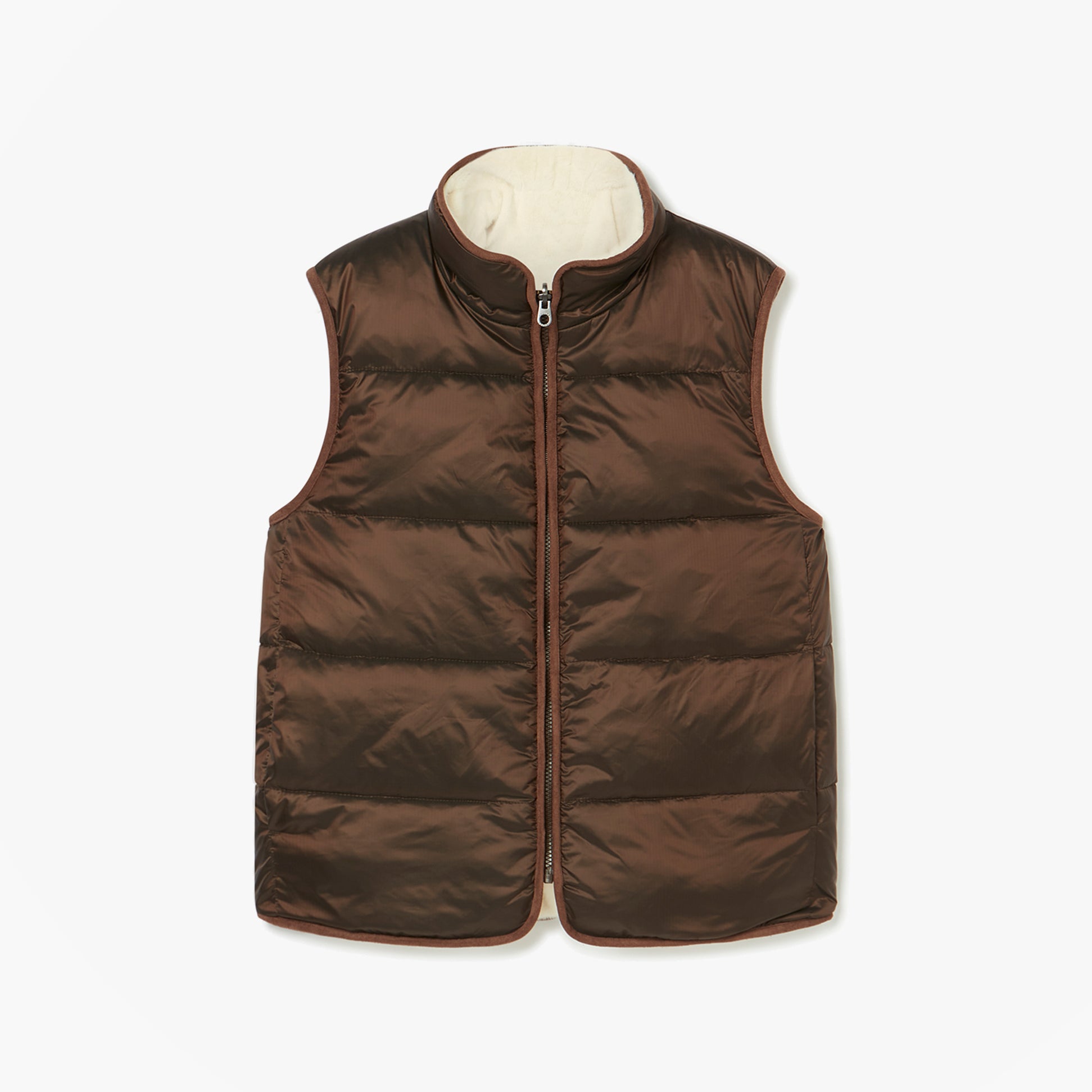 Joules REVERSIBLE FUR Faux Fur Padded Gilet Brown/Cream front view showing zip closure and sleeveless design.