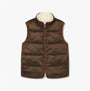 Joules REVERSIBLE FUR Faux Fur Padded Gilet Brown/Cream front view showing zip closure and sleeveless design.