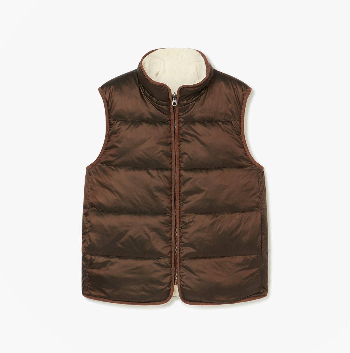 Joules REVERSIBLE FUR Faux Fur Padded Gilet Brown/Cream front view showing zip closure and sleeveless design.