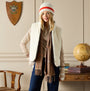 Joules REVERSIBLE FUR Faux Fur Padded Gilet Brown/Cream front view, model wearing with hat and scarf.