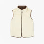 Joules REVERSIBLE FUR Faux Fur Padded Gilet Brown/Cream front view showing soft cream faux fur and zip fastening.