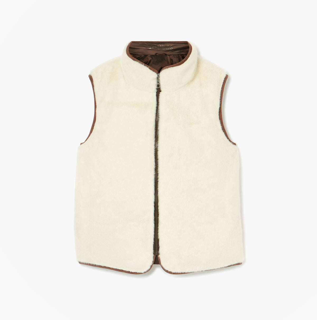 Joules REVERSIBLE FUR Faux Fur Padded Gilet Brown/Cream front view showing soft cream faux fur and zip fastening.