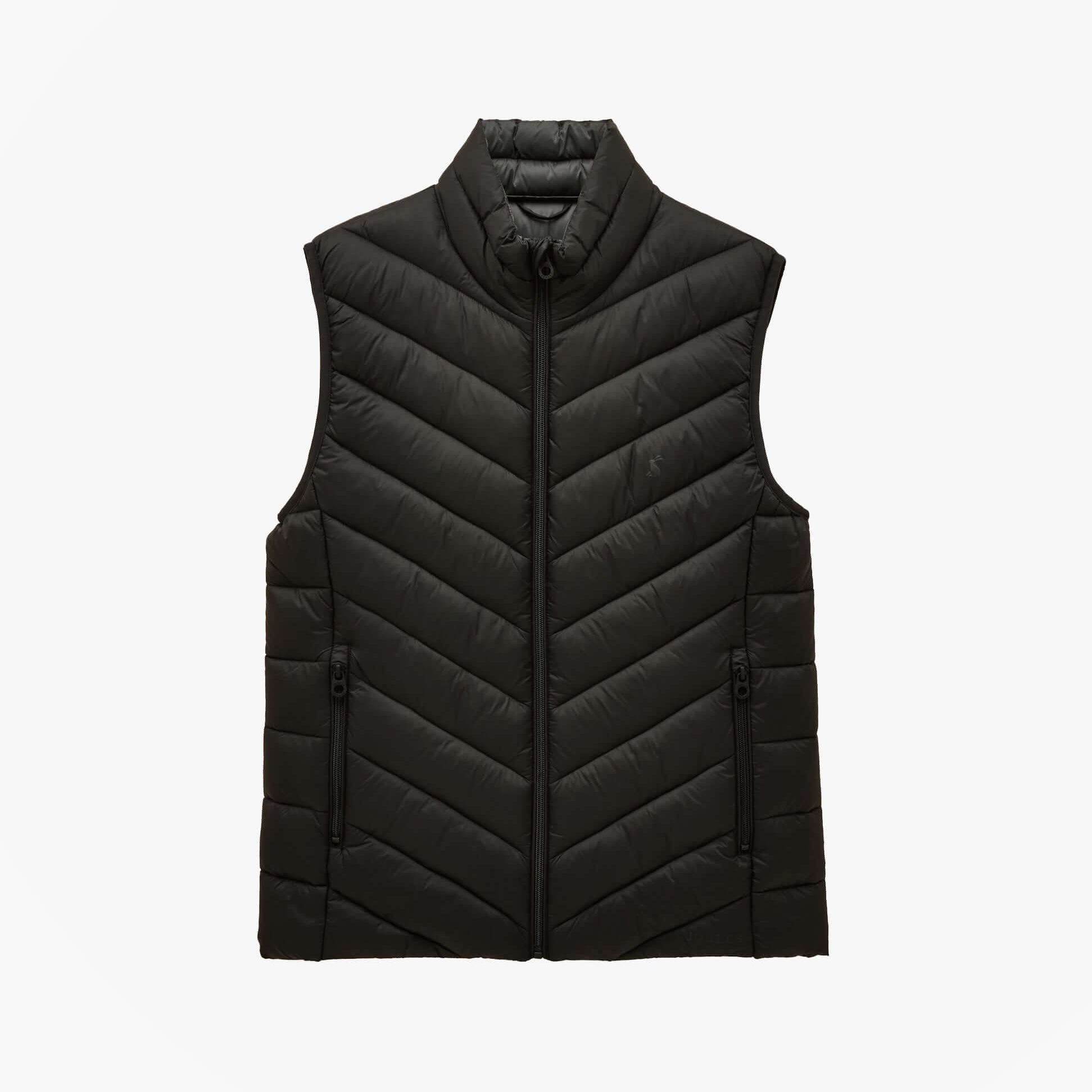 Joules GARRETT Mens Showerproof Padded Gilet Black front view featuring zip closure and sleeveless design.