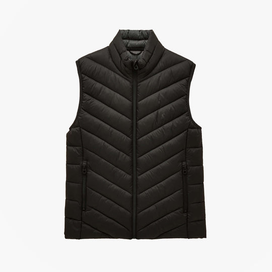 Joules GARRETT Mens Showerproof Padded Gilet Black front view featuring zip closure and sleeveless design.