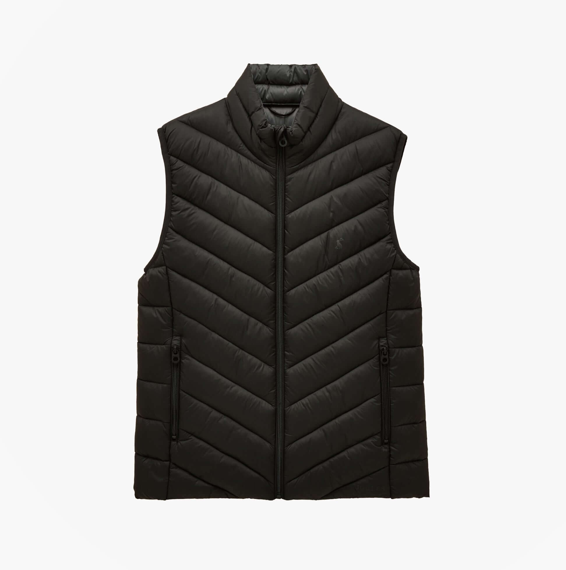 Joules GARRETT Mens Showerproof Padded Gilet Black front view featuring zip closure and sleeveless design.