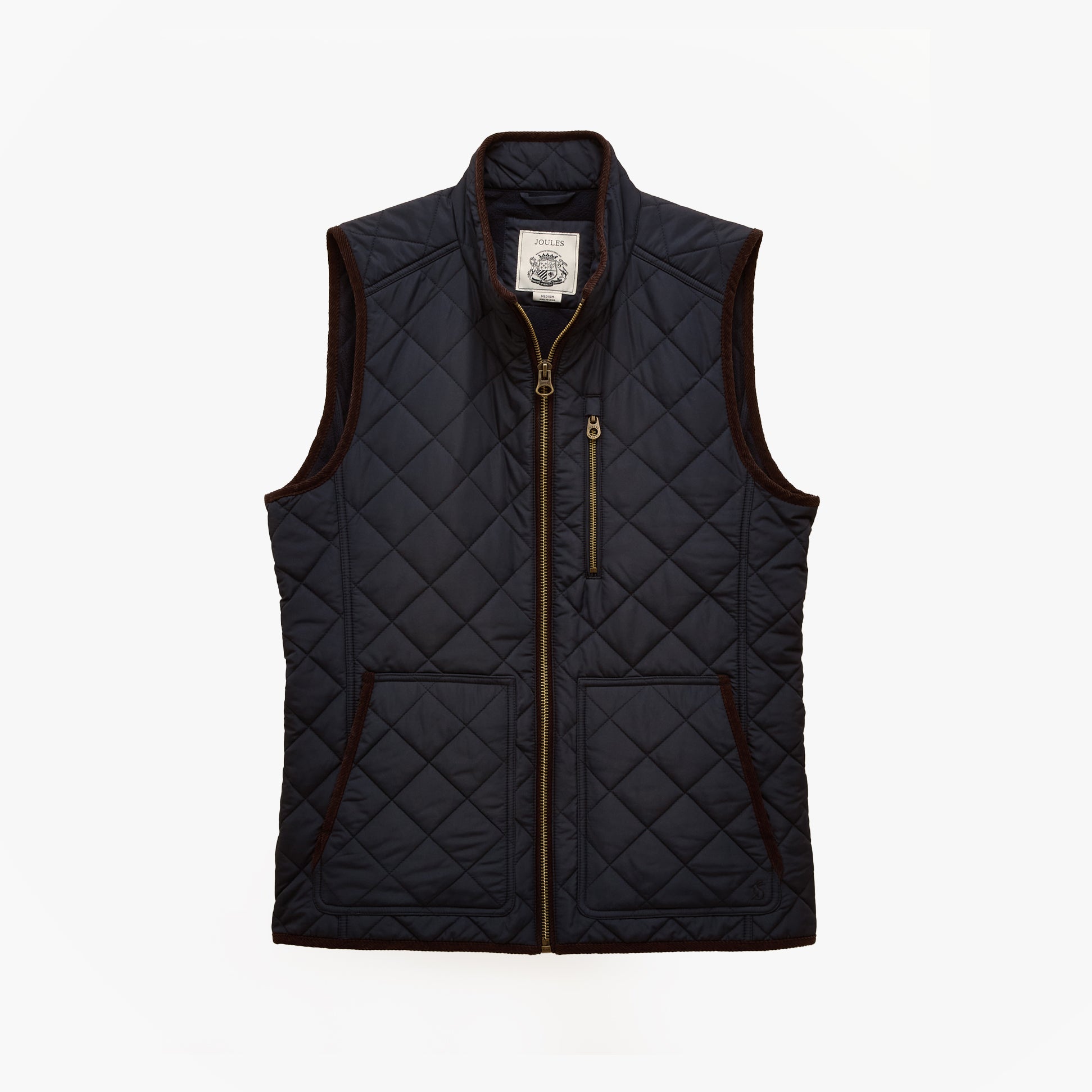 Joules MAYNARD Mens Gilet Navy front view showcasing quilted design and zip closure.