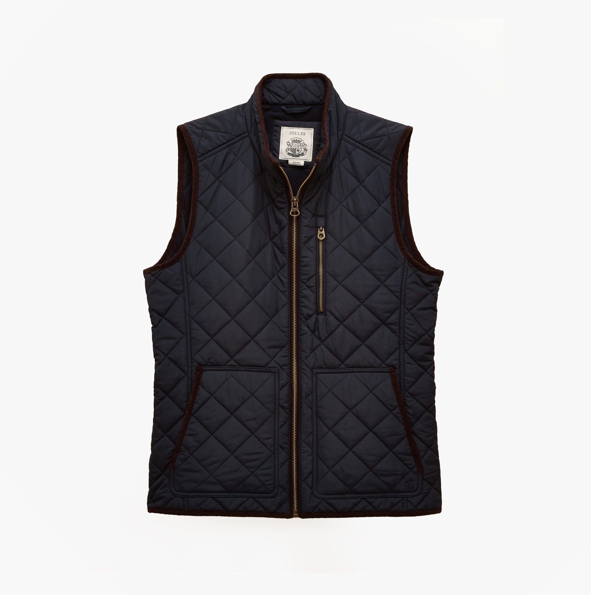 Joules MAYNARD Mens Gilet Navy front view showcasing quilted design and zip closure.