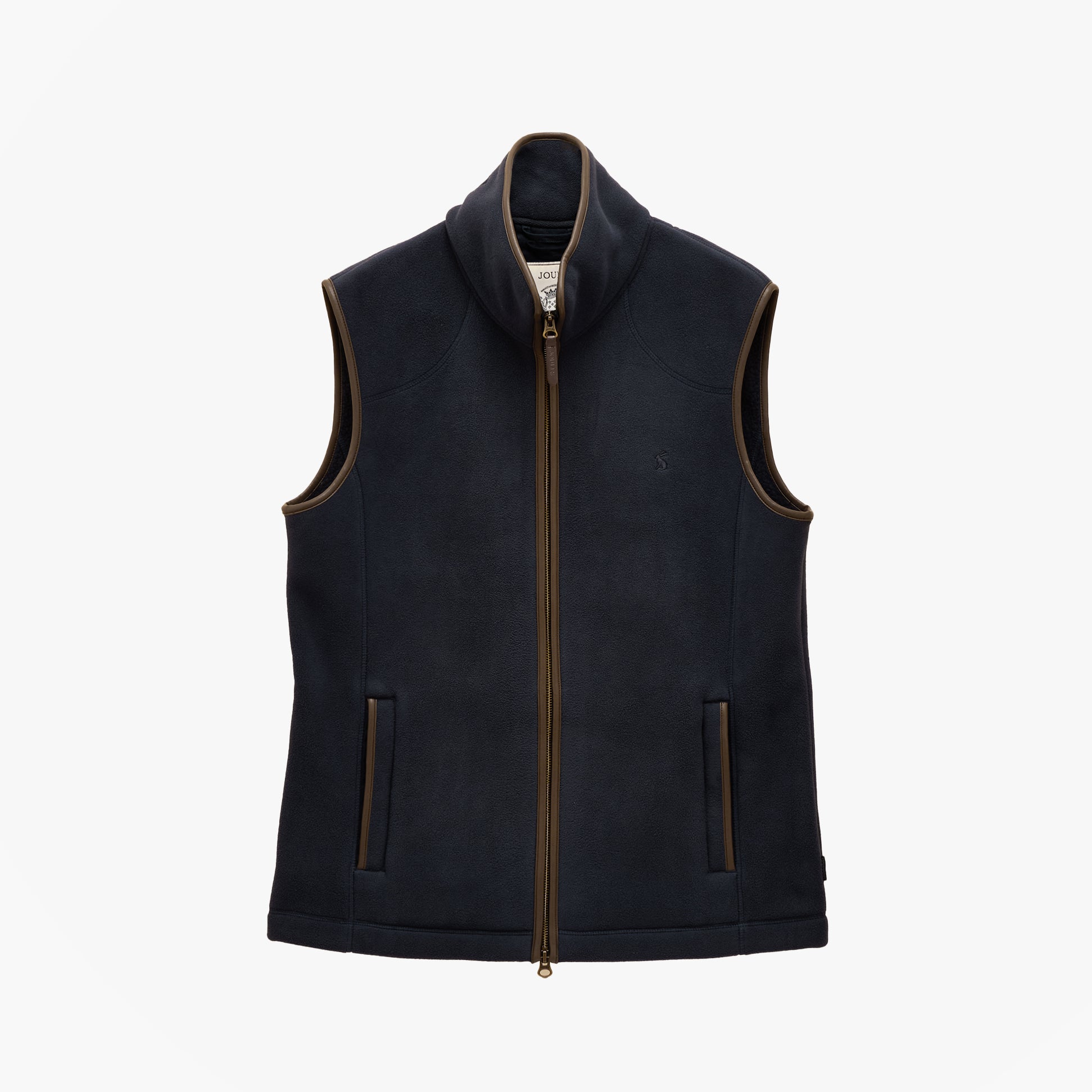 Joules HERITAGE FLEECE Mens Gilet Navy front view showing zip closure and sleeveless design.