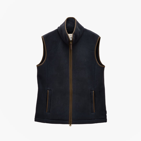 Joules HERITAGE FLEECE Mens Gilet Navy front view showing zip closure and sleeveless design.