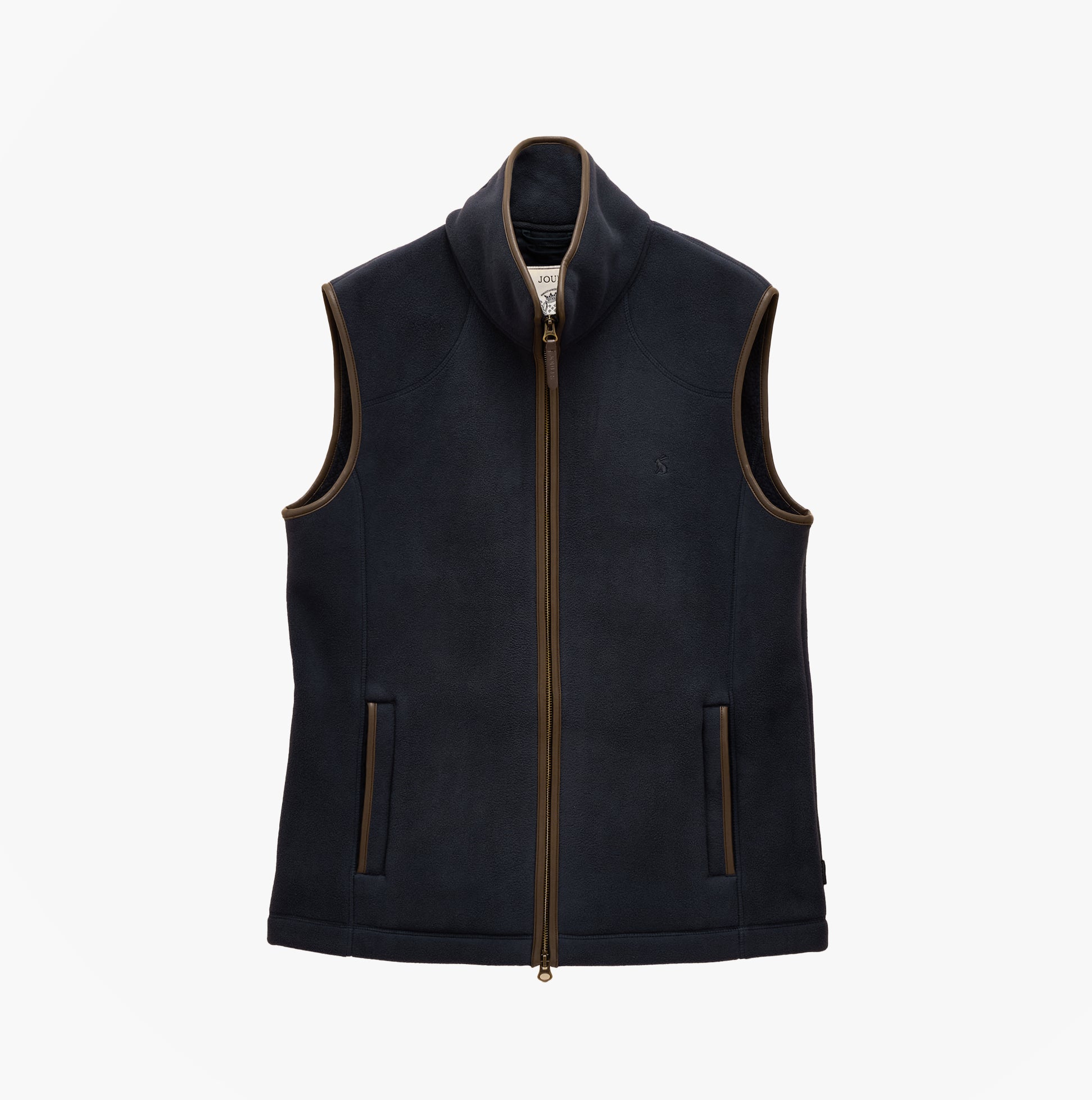 Joules HERITAGE FLEECE Mens Gilet Navy front view showing zip closure and sleeveless design.