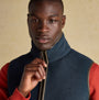 Joules HERITAGE FLEECE Mens Gilet Navy front view, model showcasing zip fastening and soft fleece material.