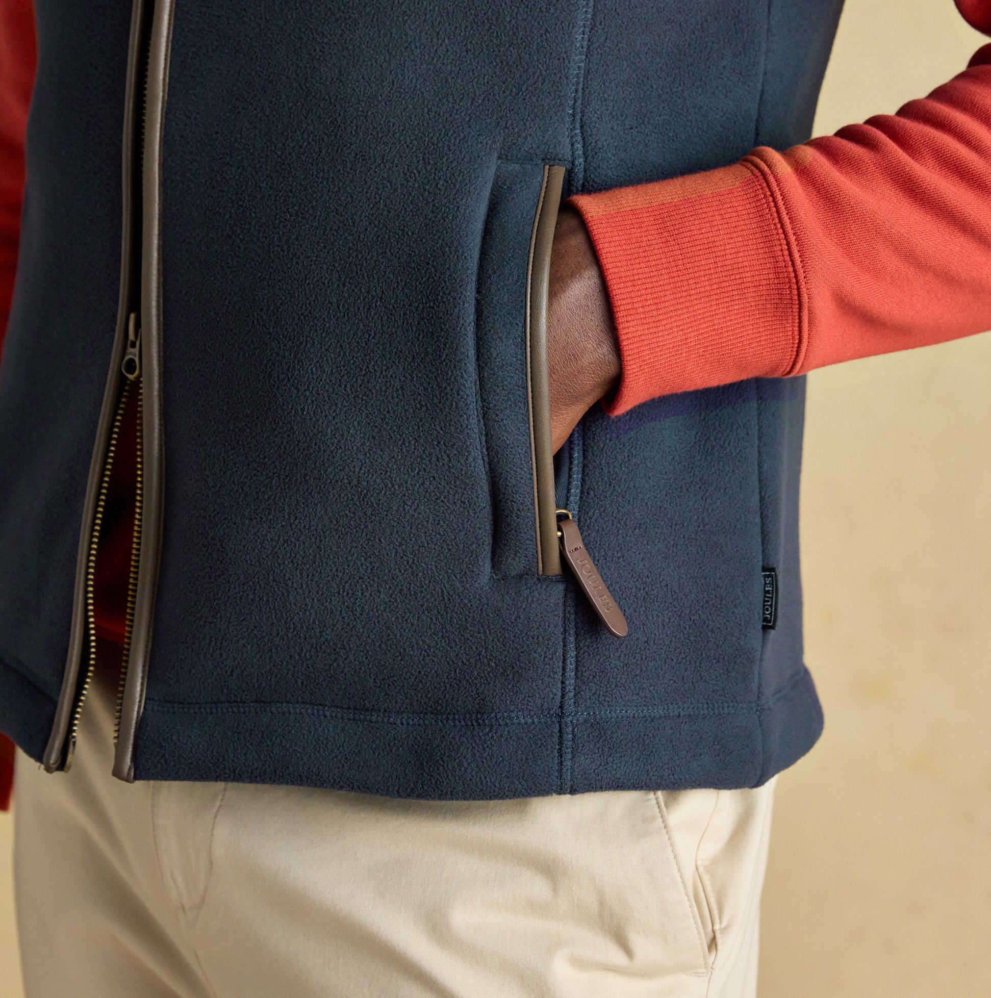 Joules HERITAGE FLEECE Mens Gilet Navy detail view showcasing zip closure and pocket.