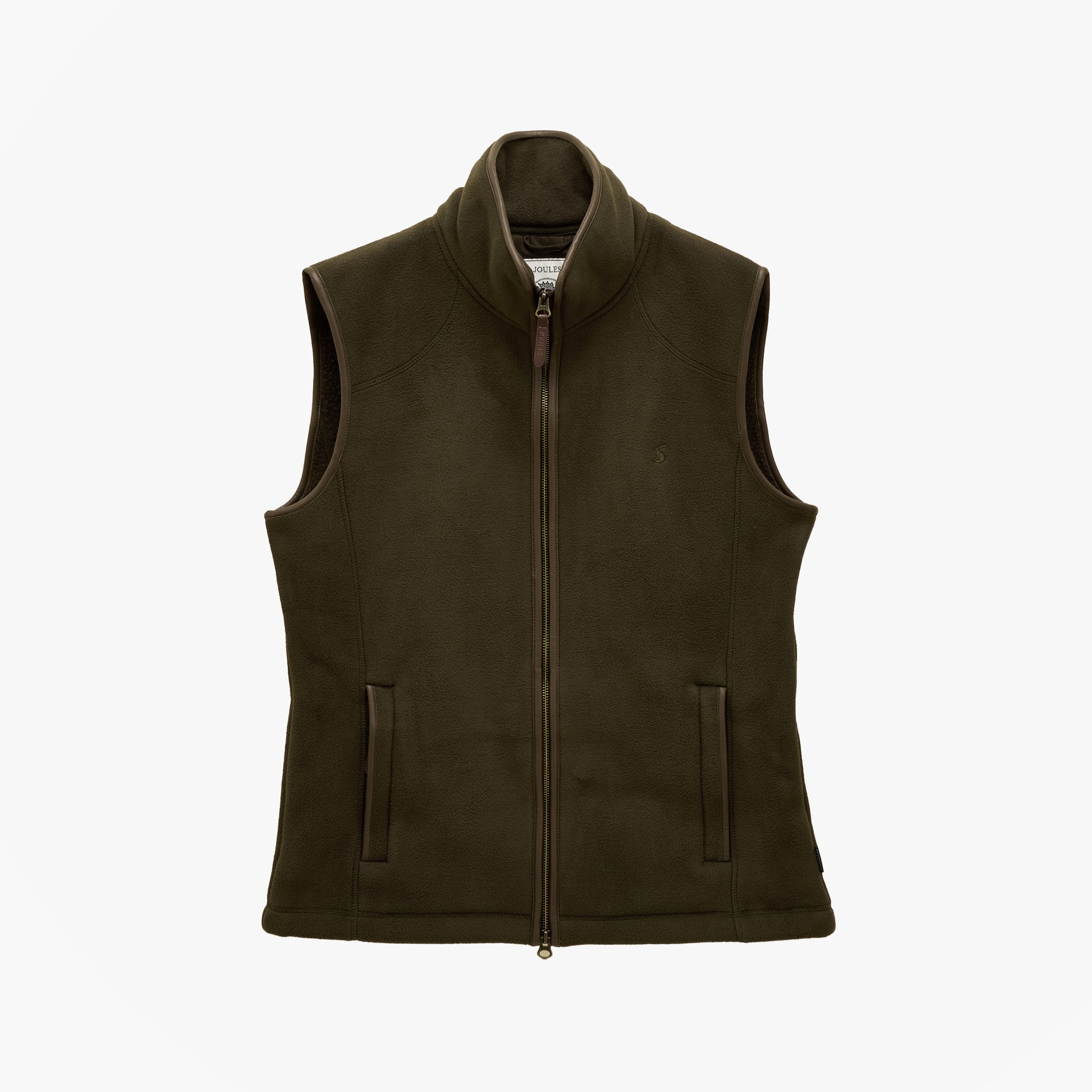 Joules HERITAGE FLEECE Mens Gilet Green front view showing zip closure and sleeveless design.