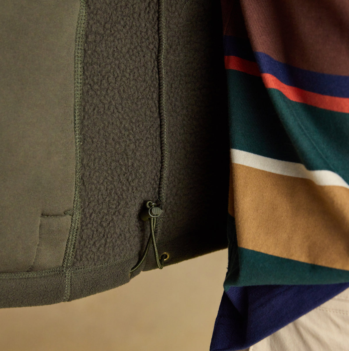 Joules HERITAGE FLEECE Mens Gilet Green detail view showing fabric and zip fastening