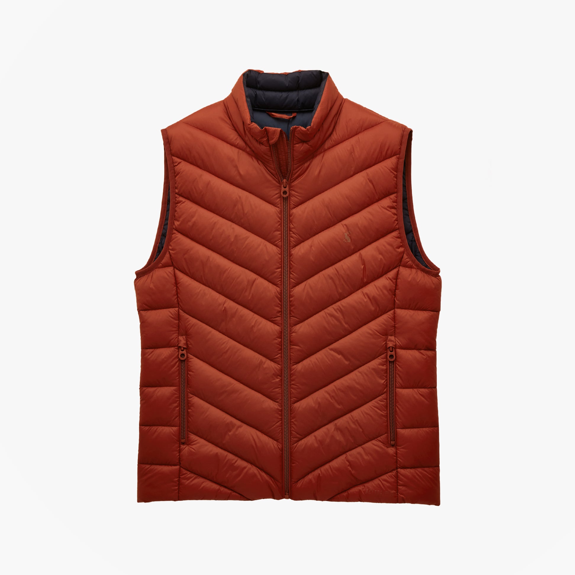 Joules GARRETT Mens Showerproof Padded Gilet Orange front view with zip closure and sleeveless design.