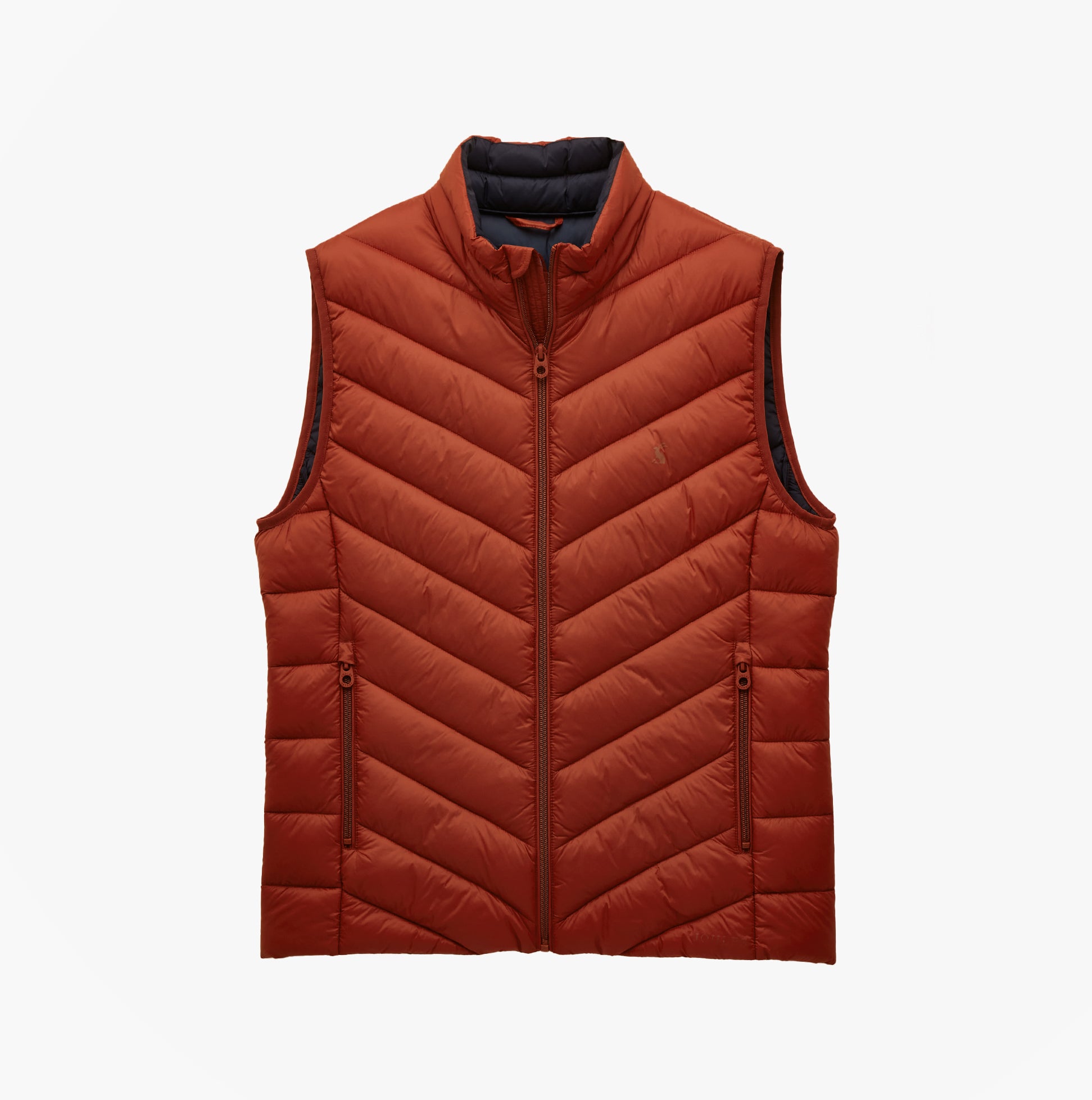 Joules GARRETT Mens Showerproof Padded Gilet Orange front view with zip closure and sleeveless design.