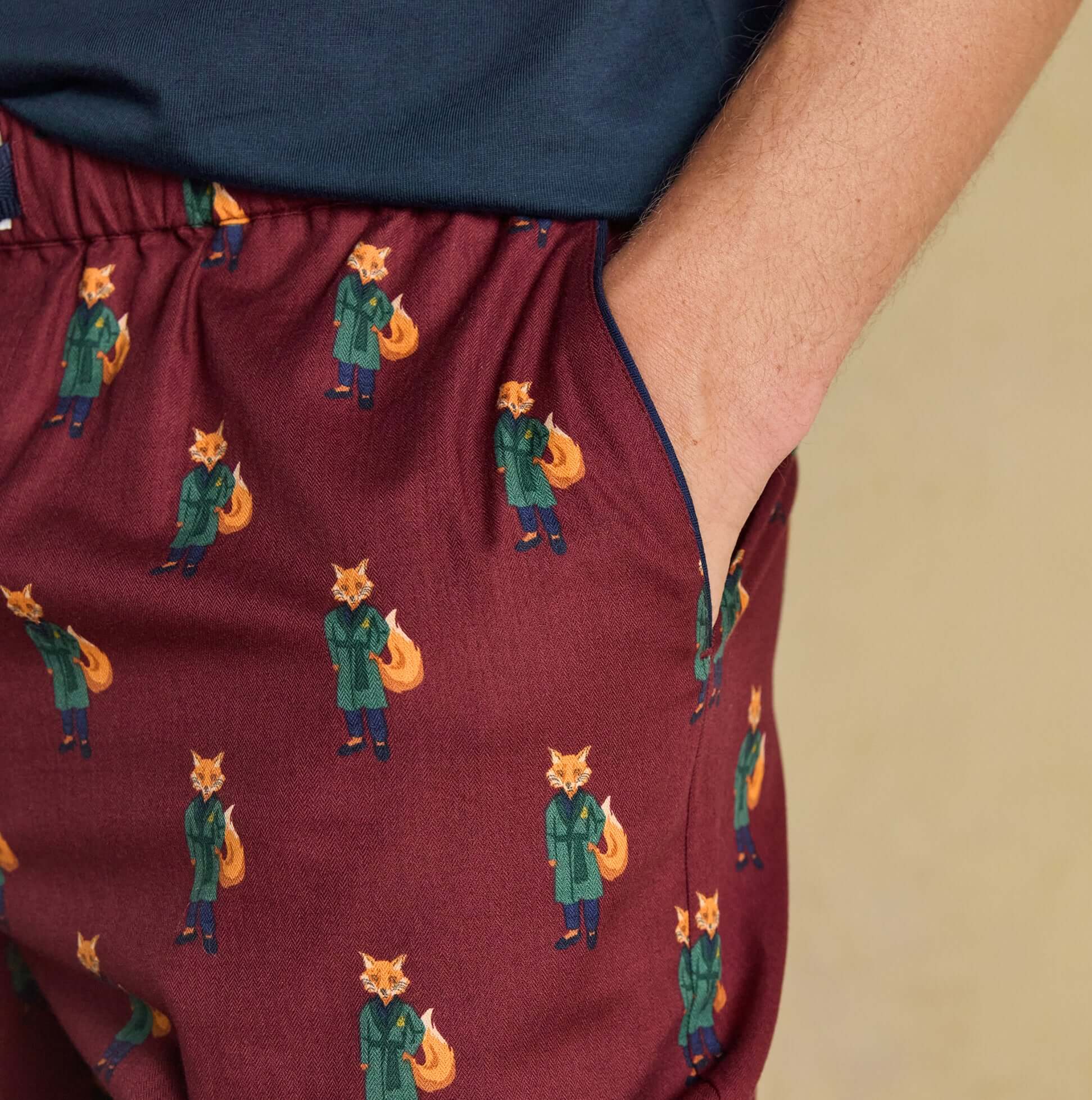 Joules DOZER Mens Pyjama Trousers Burgundy Red detail view showing pocket and fox print design