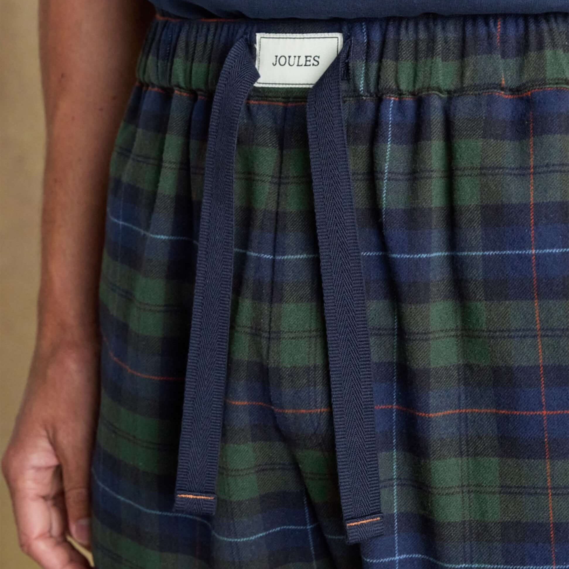 Joules DOZER Mens Pyjama Bottoms Green/Navy front view showcasing waist and tie detail.