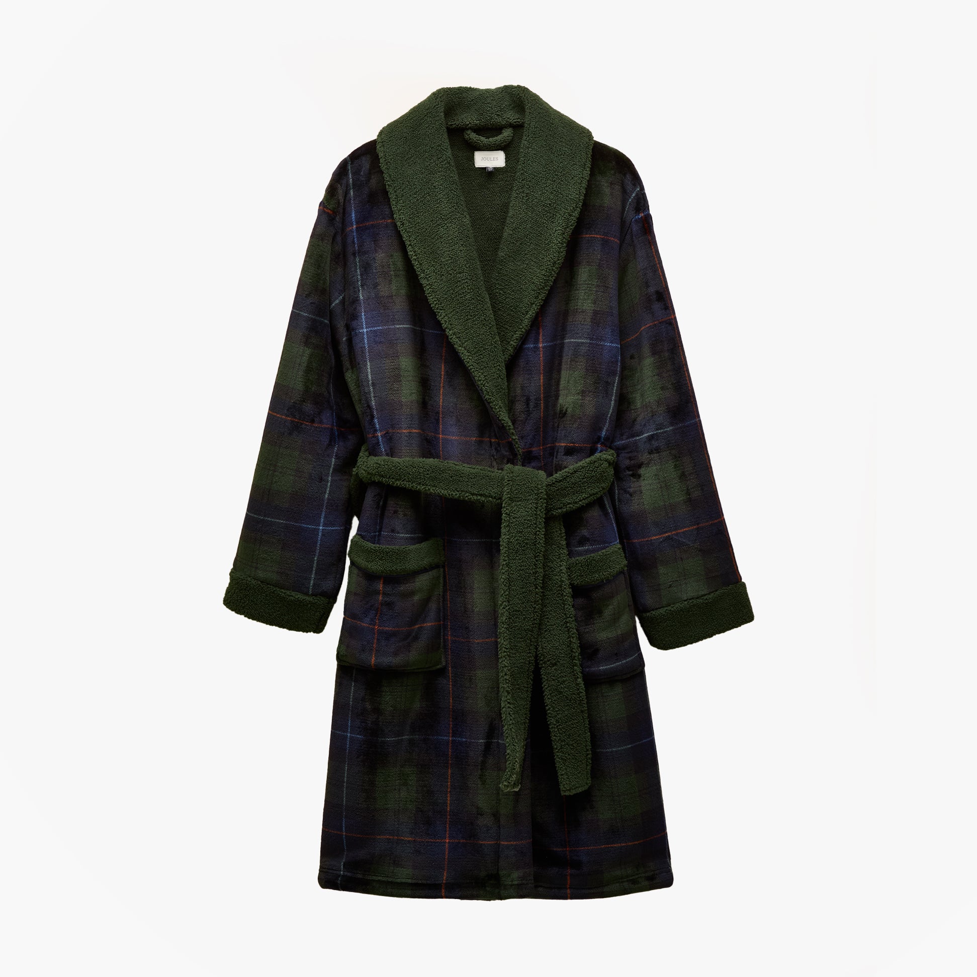 Joules MONTAGUE Mens Robe Green/Navy front view, relaxed fit, long sleeves, 100% polyester, cozy design.