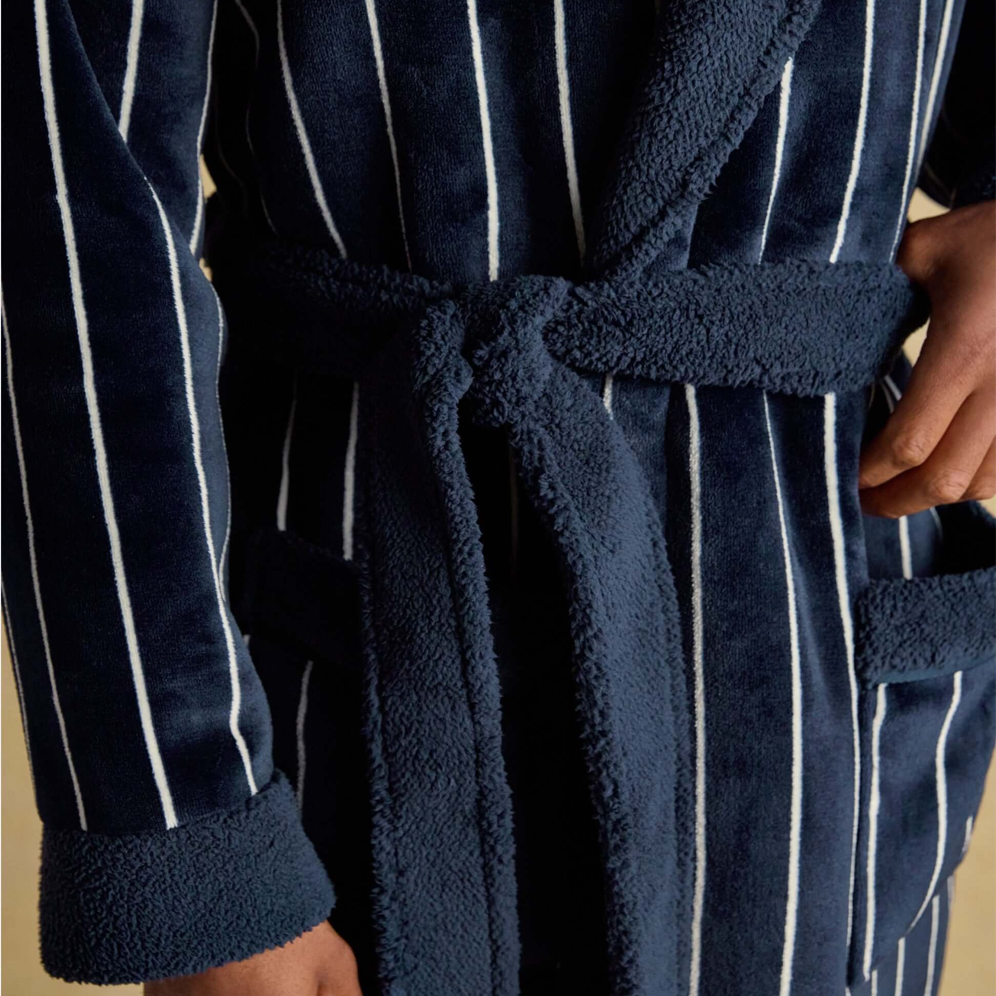 Joules MONTAGUE Mens Robe Navy detail view showcasing fabric texture and stripes with belted waist.