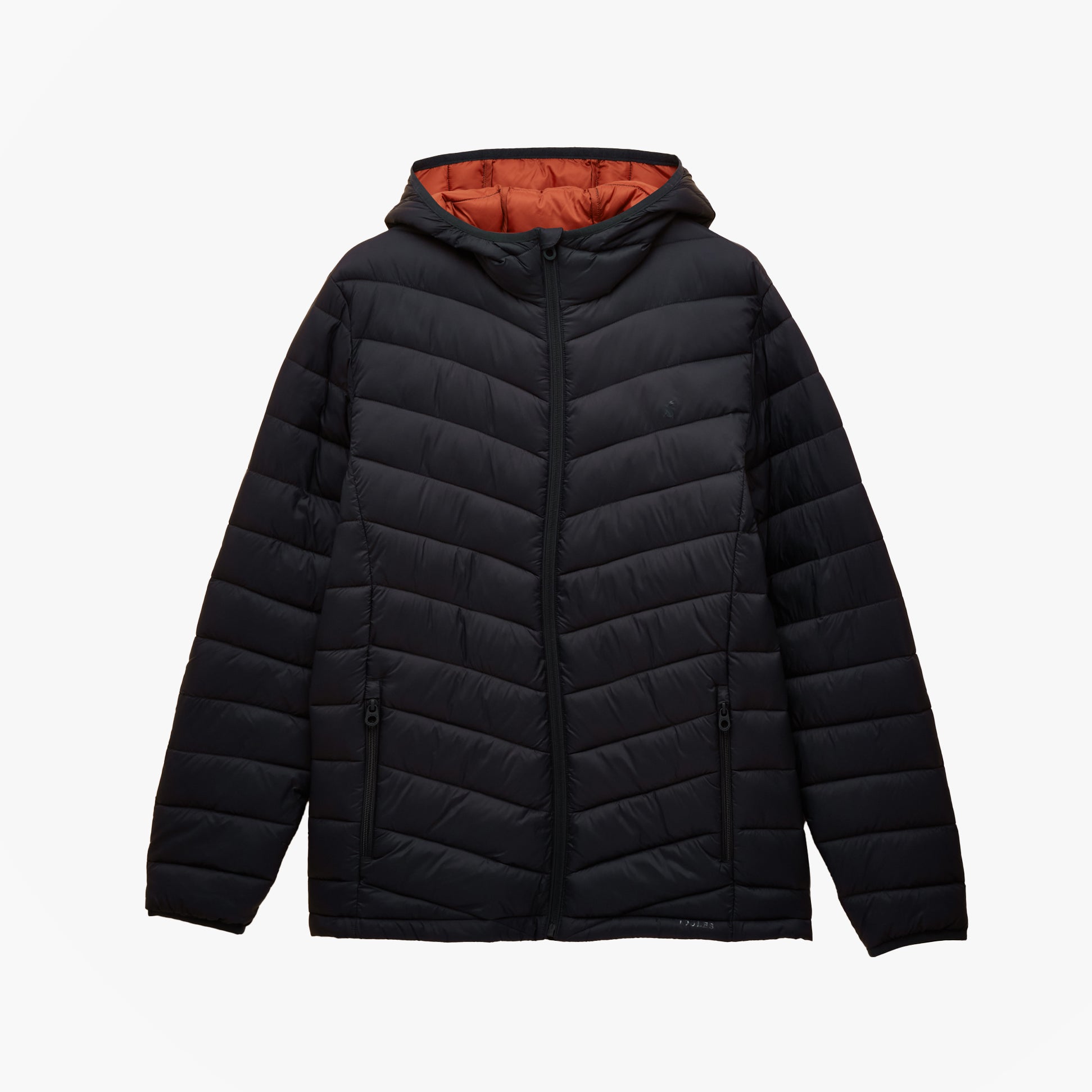 Joules GARRETT Mens Showerproof Padded Jacket Navy front view with hood and zip closure, featuring a contrasting inner lining.