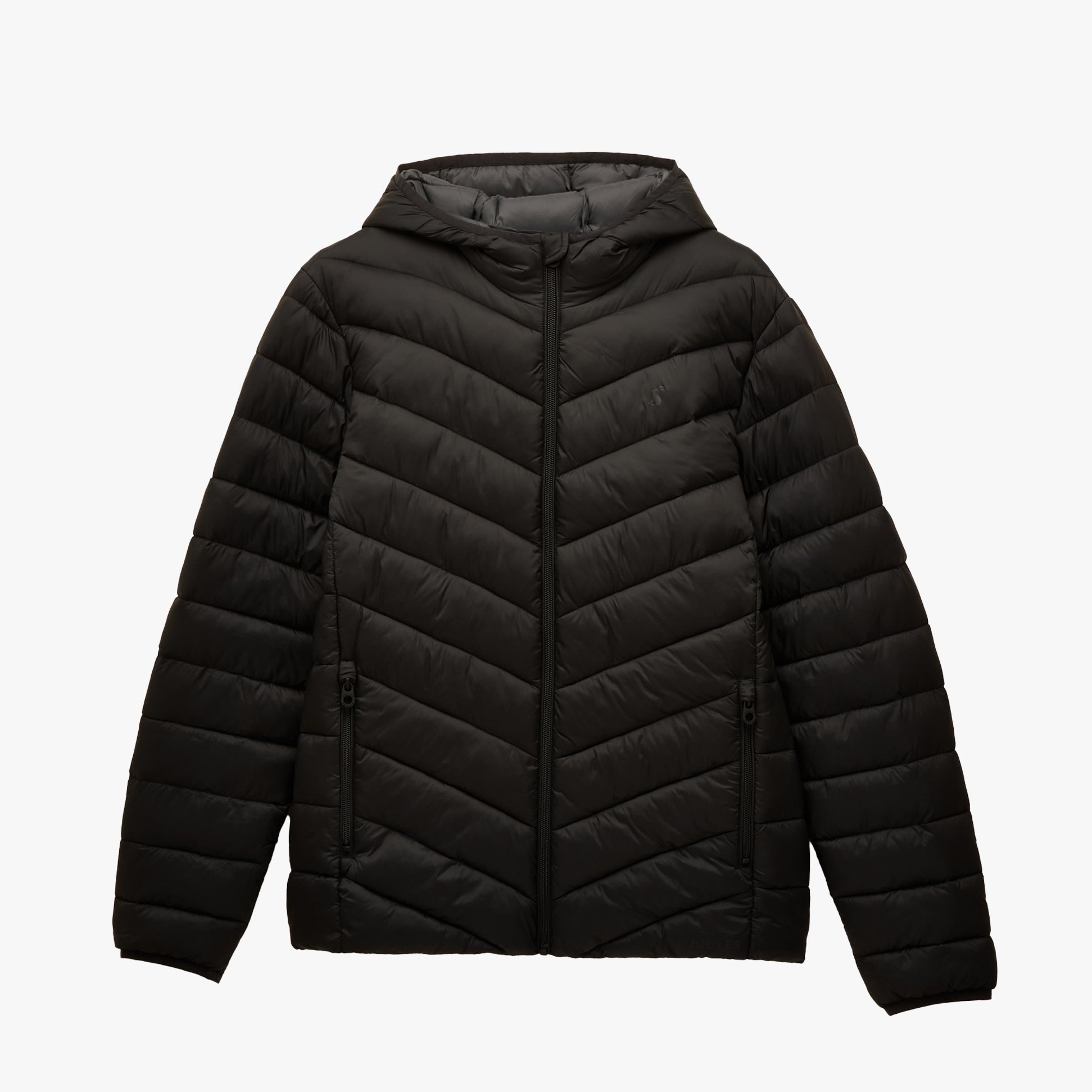 Joules GARRETT Mens Showerproof Padded Jacket Black front view, zip closure, long sleeves, 100% nylon, regular fit.