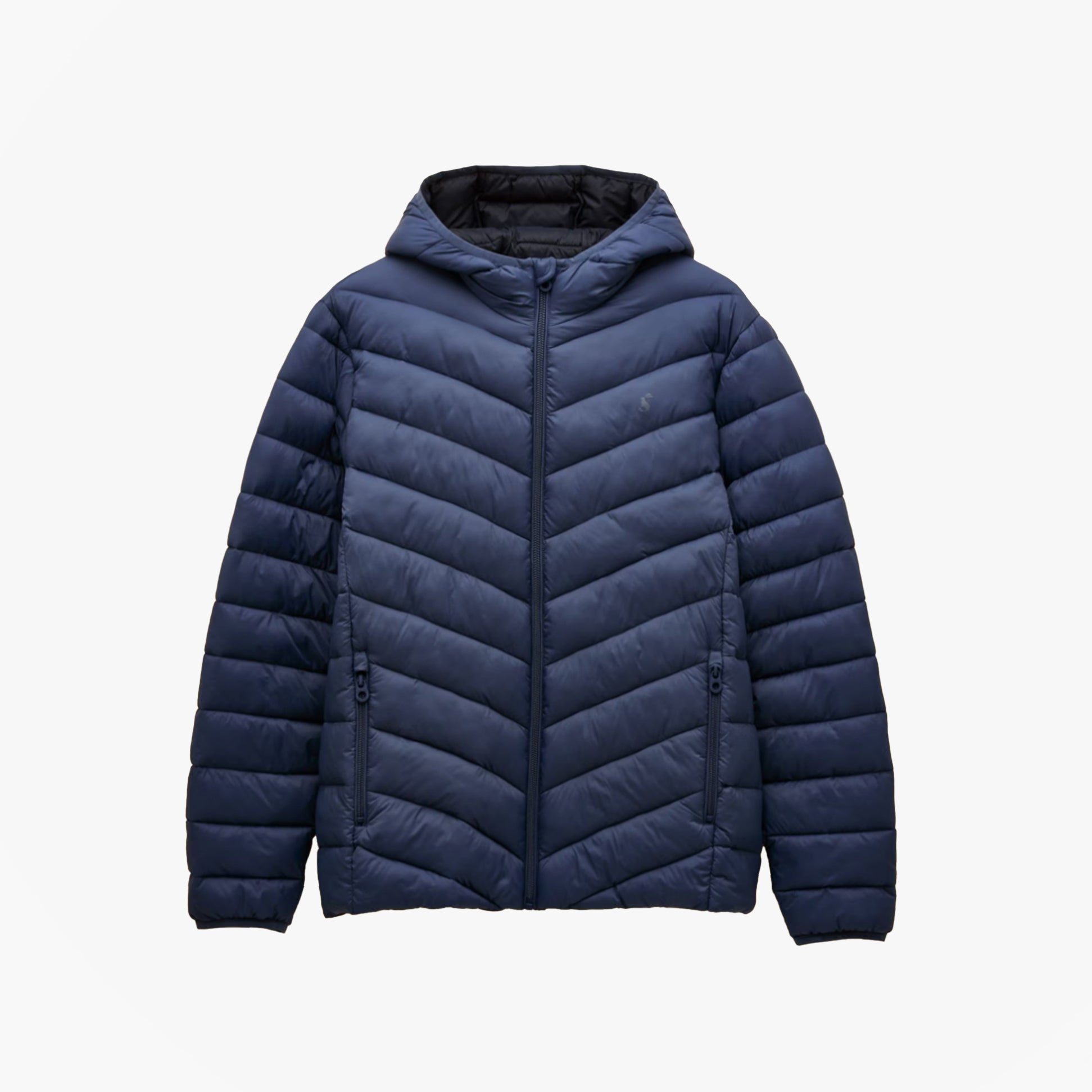 Joules Garrett Blue Showerproof Padded Jacket front view, showcasing zip closure and padded details.