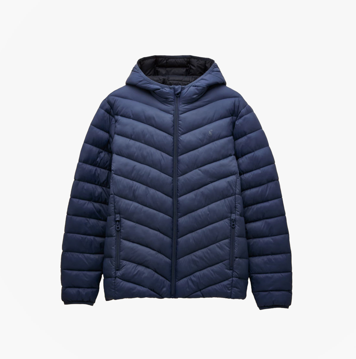 Joules Garrett Blue Showerproof Padded Jacket front view, showcasing zip closure and padded details.