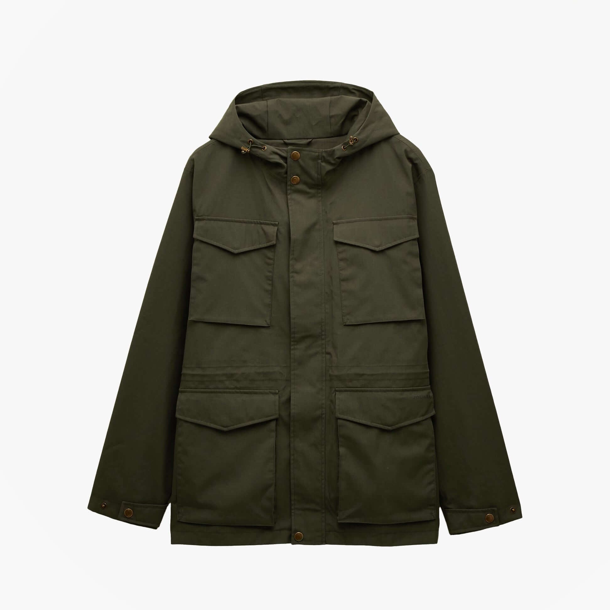 Joules PORTMAN Mens Green Waterproof Raincoat Green front view with hood and pockets.