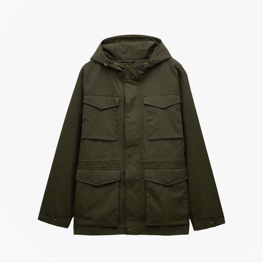 Joules PORTMAN Mens Green Waterproof Raincoat Green front view with hood and pockets.