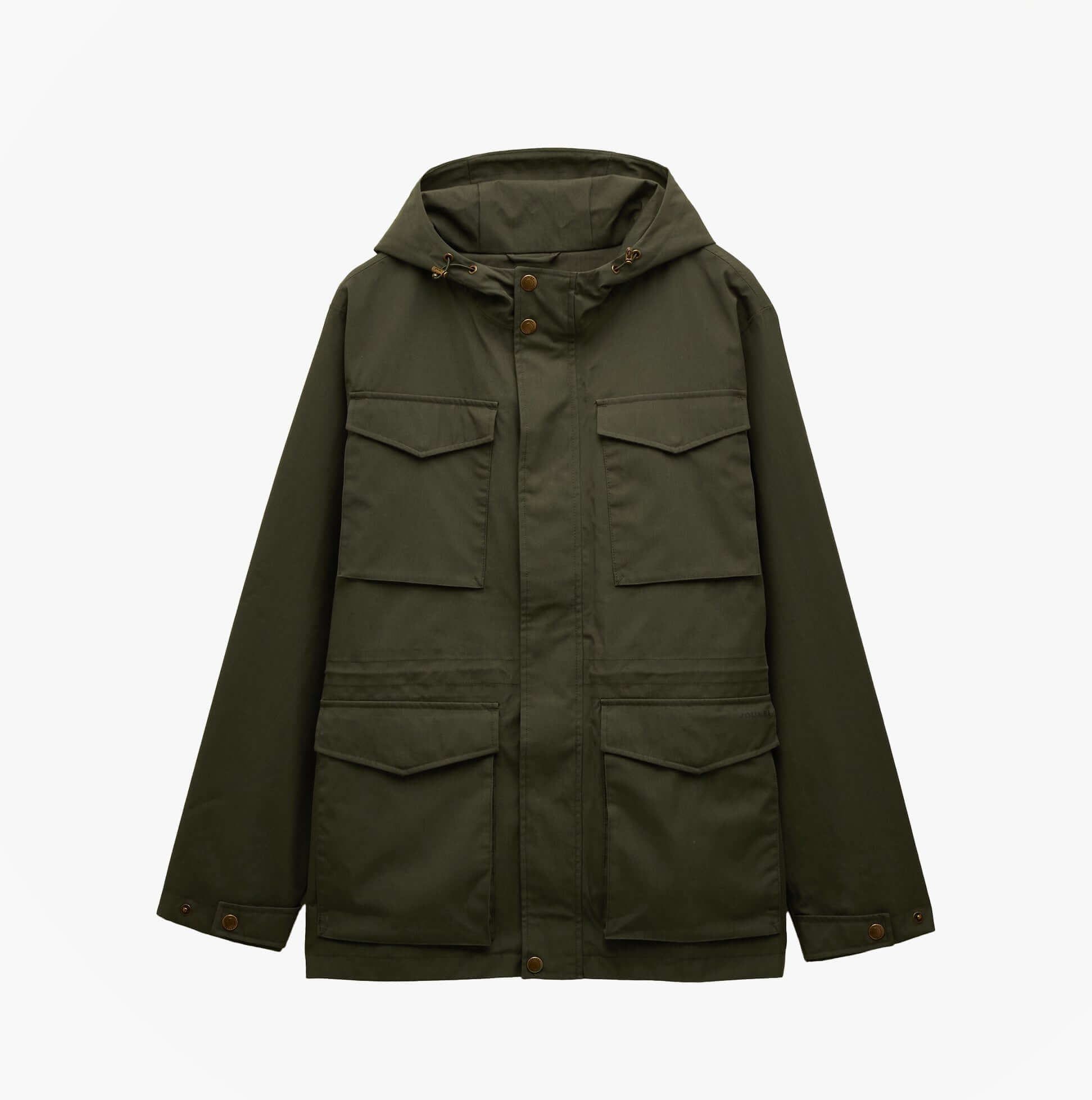 Joules PORTMAN Mens Green Waterproof Raincoat Green front view with hood and pockets.