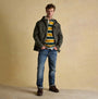 Joules PORTMAN Mens Green Waterproof Raincoat Green front view worn over striped shirt and jeans.