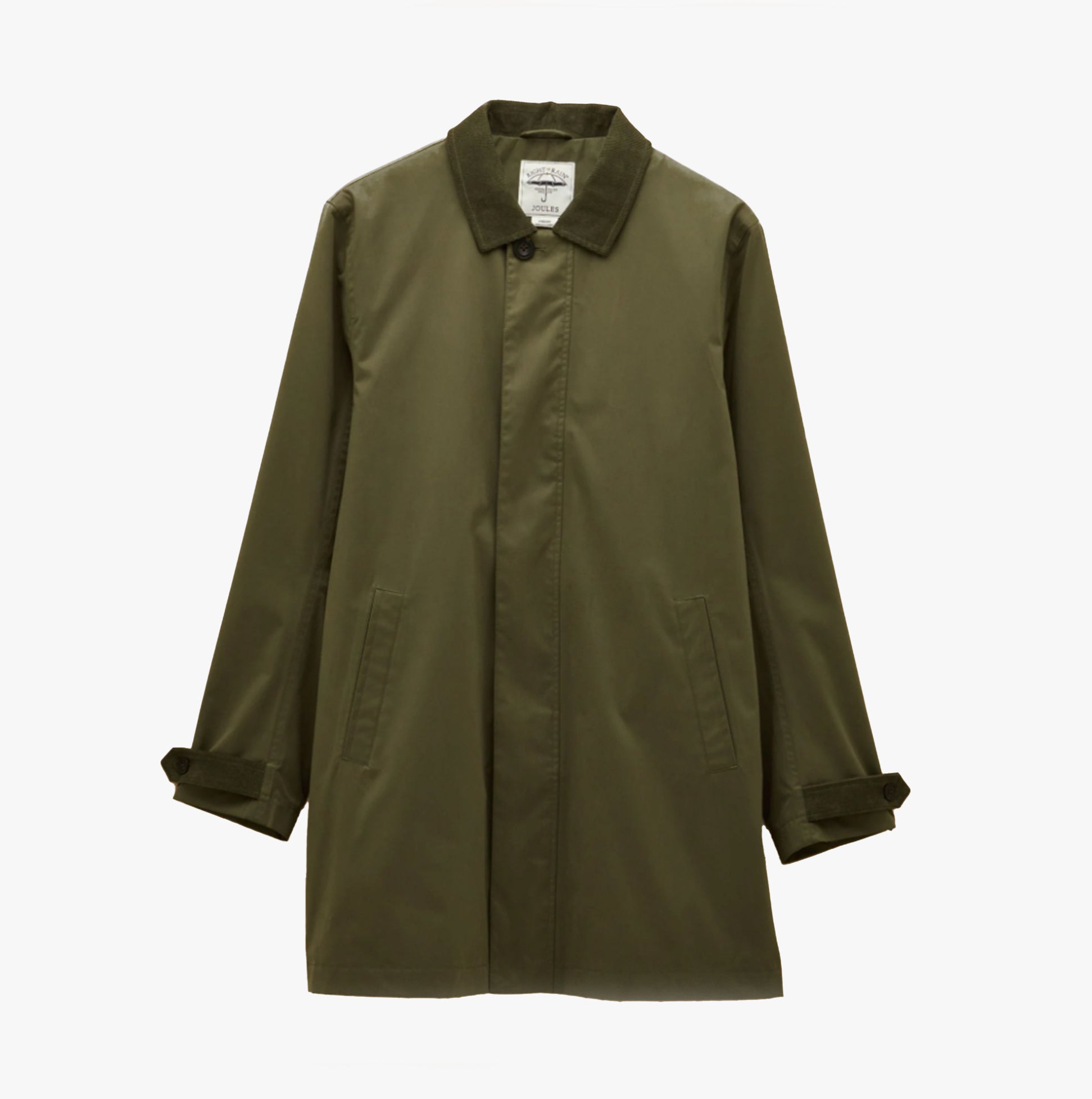Joules SANDFORD Mens Waterproof Raincoat Green front view showcasing button and zip closure.
