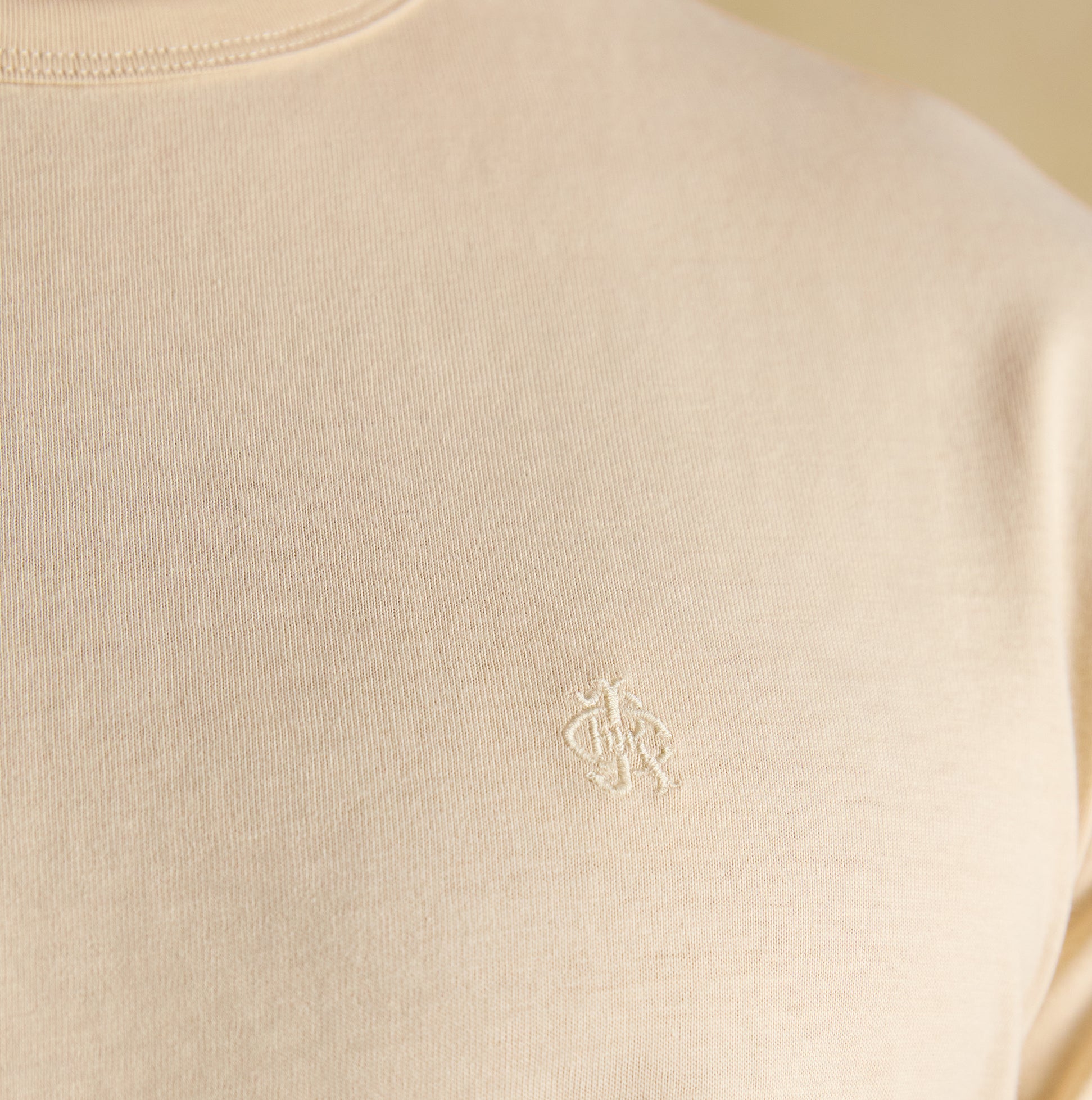 Joules RUGBY CLUB TEE Mens T-Shirt Cream detail view showing logo embroidery.