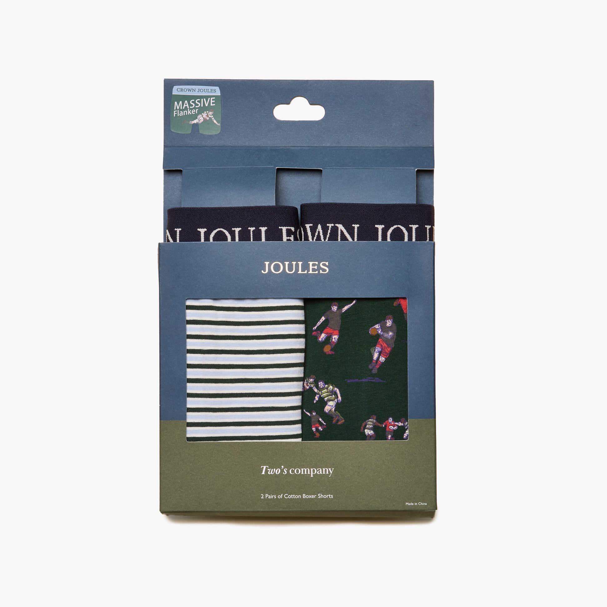 Joules CROWN Mens Boxer Shorts Green pack showing three pairs with striped and patterned designs in gift packaging.