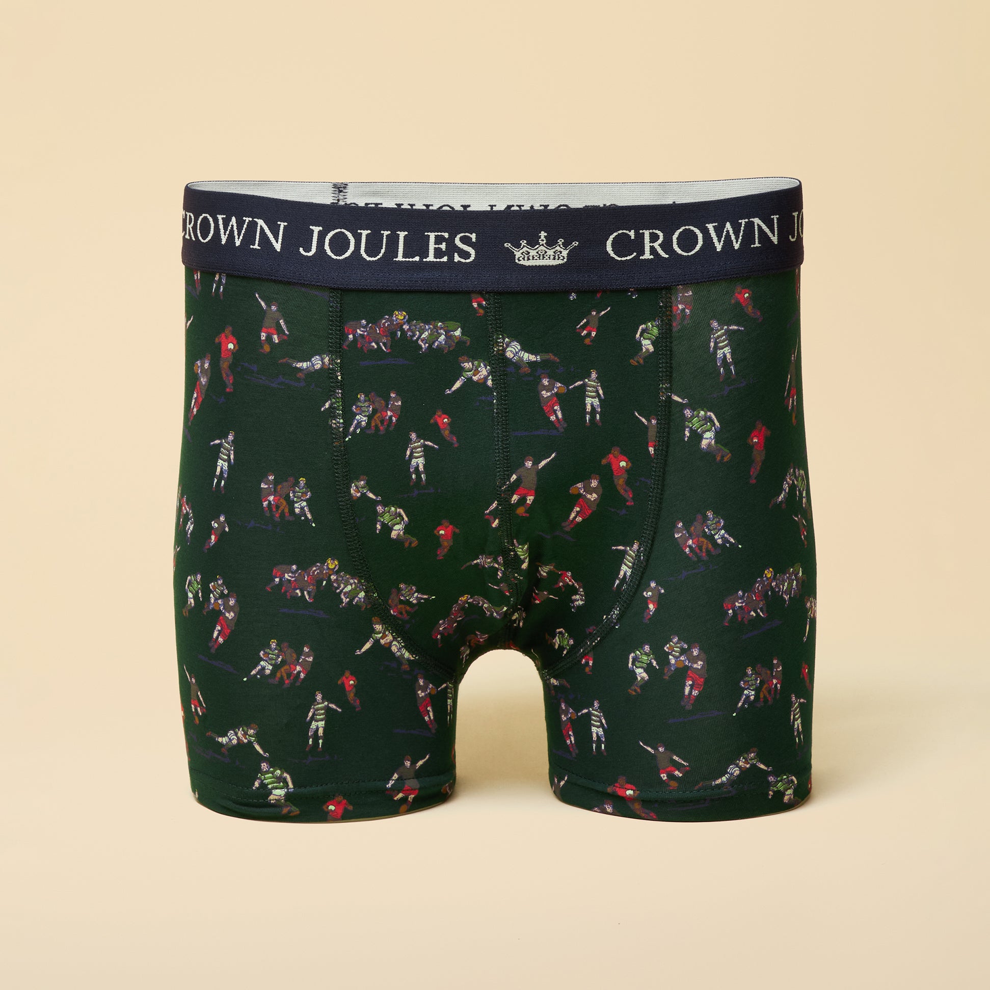 Joules CROWN Mens Boxer Shorts Green front view with colorful pattern and navy waistband.
