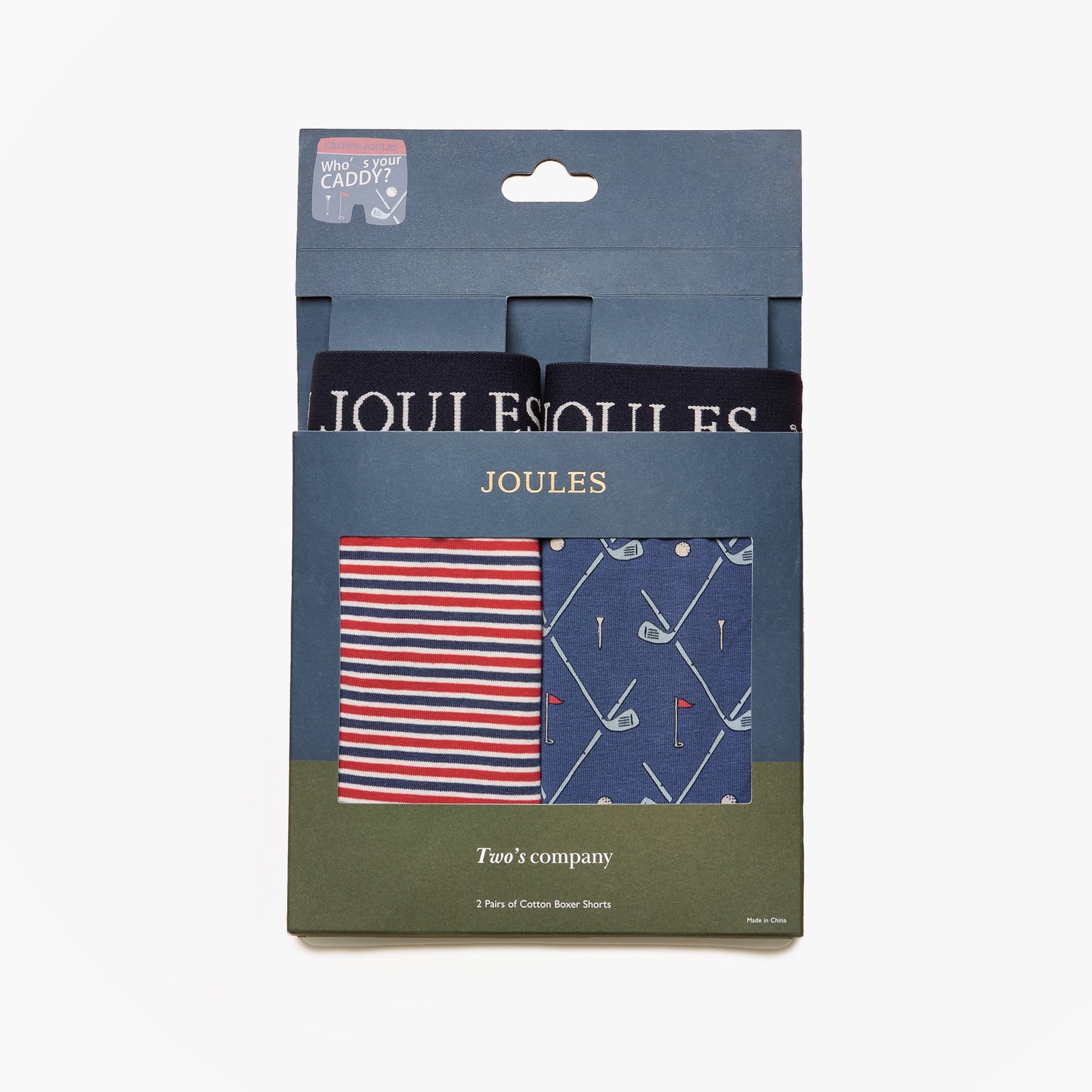 Joules CROWN Mens Boxer Shorts Red/Blue packaged view featuring striped and patterned designs in gift box.