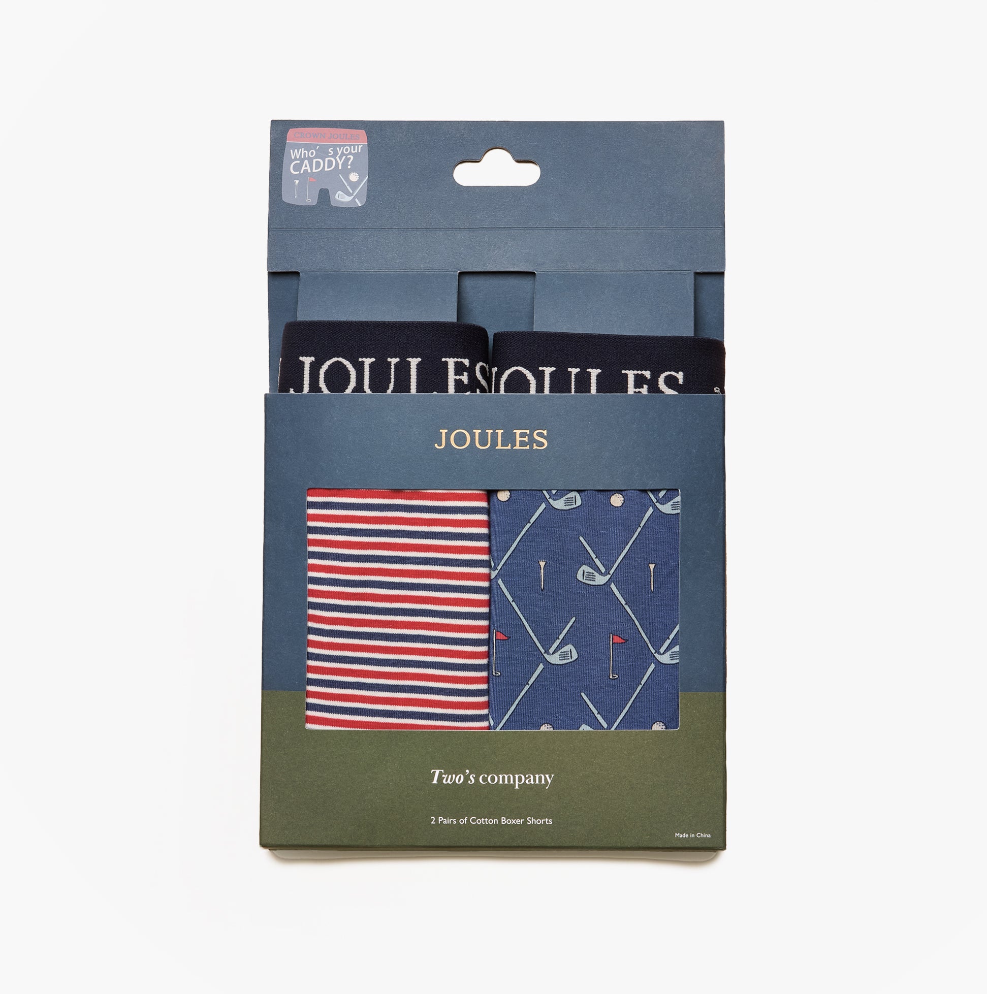 Joules CROWN Mens Boxer Shorts Red/Blue packaged view featuring striped and patterned designs in gift box.