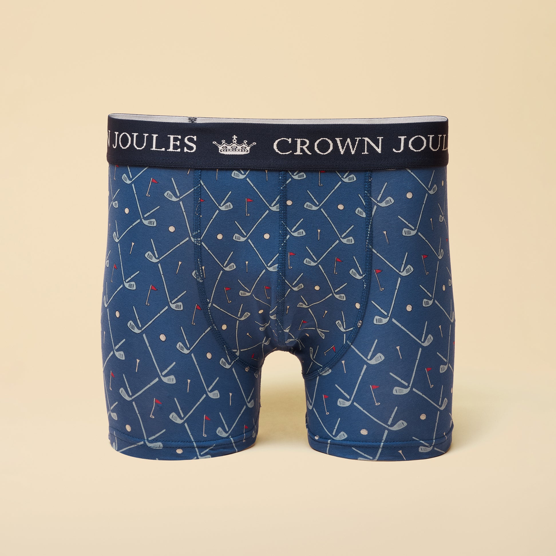 Joules CROWN Mens Boxer Shorts Red/Blue front view with playful pattern and branded waistband